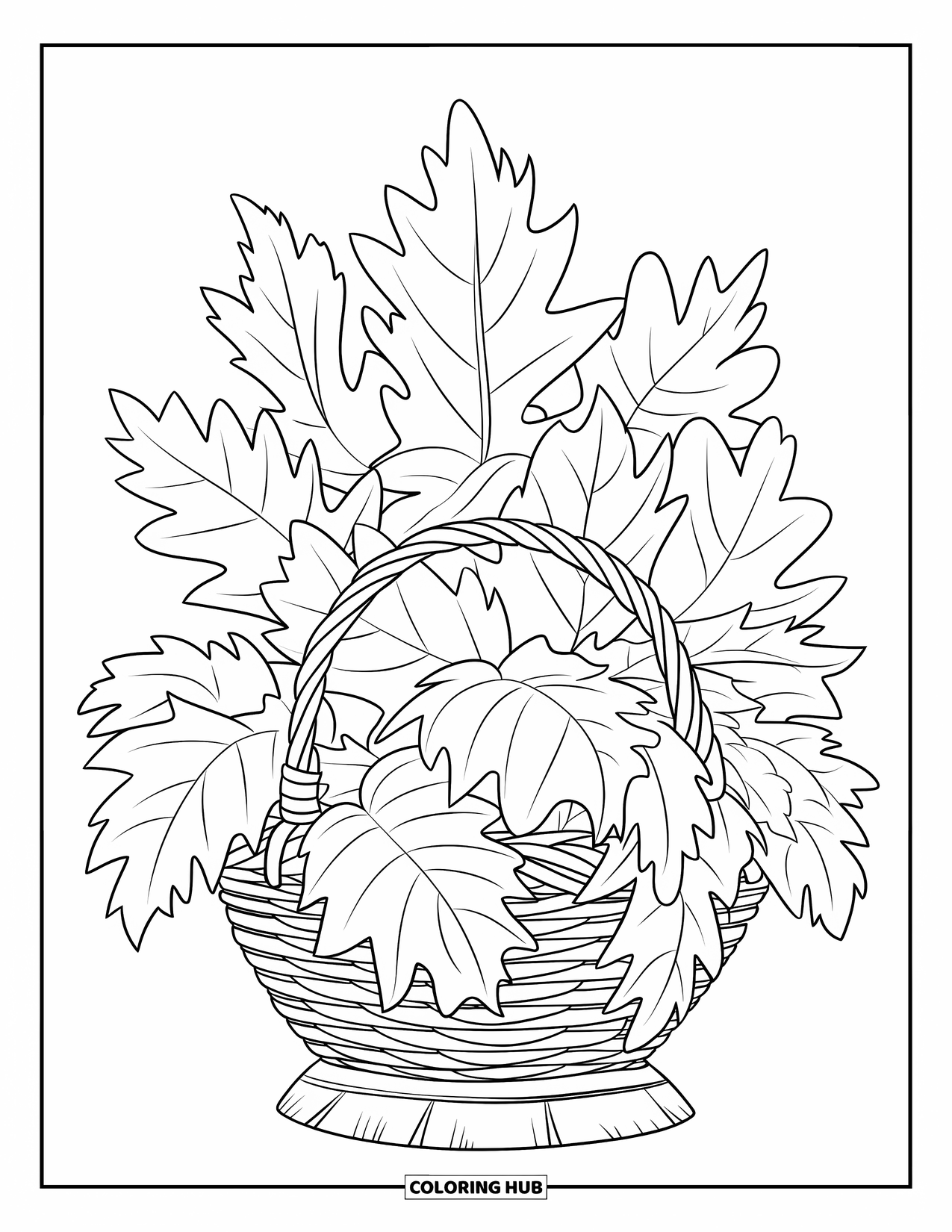 Autumn Leaves Coloring Page for Kids: Basket packed with leaves sits on a wooden base with bold outlines