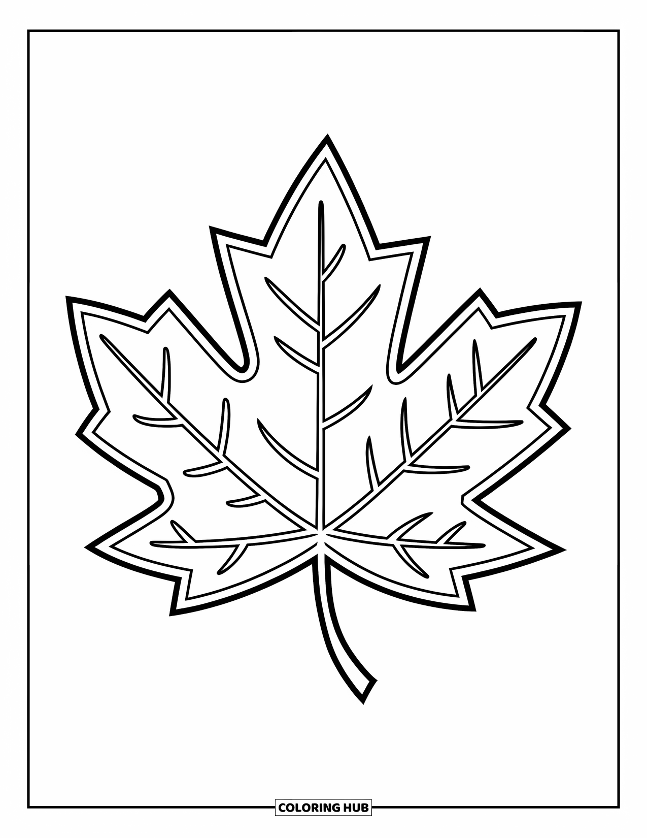 Autumn Leaves Coloring Page for Kids: Big maple leaf with basic veins and bold outlines perfect for preschoolers