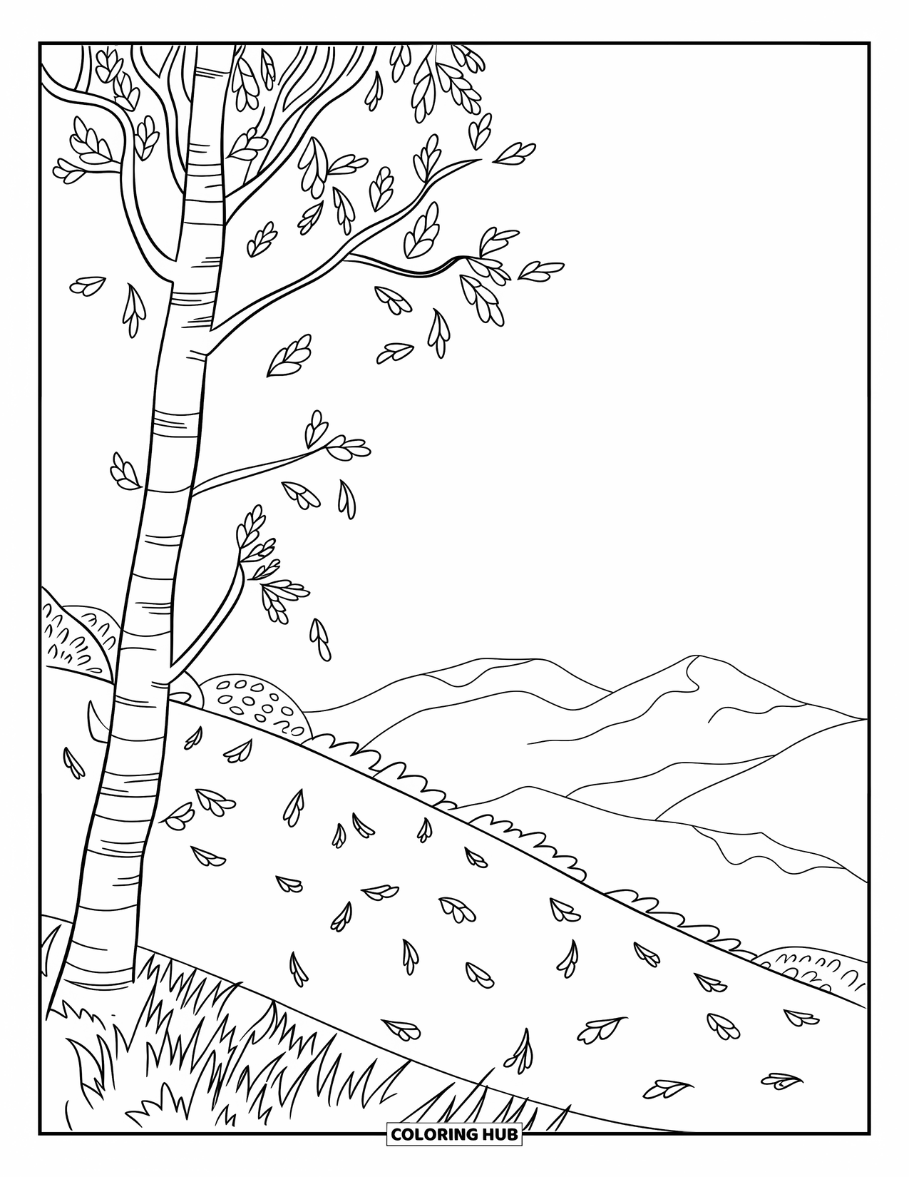 Autumn Leaves Coloring Page for Kids: Birch leaves swirl down from a tall tree with mountains in the distance