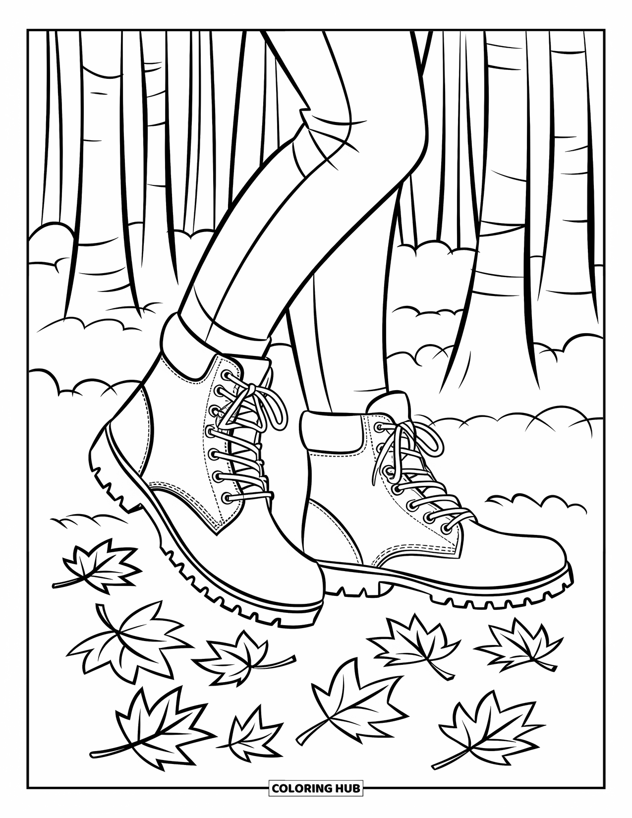 Autumn Leaves Coloring Page for Kids: Boots step through crunchy maple and birch leaves in a lively forest