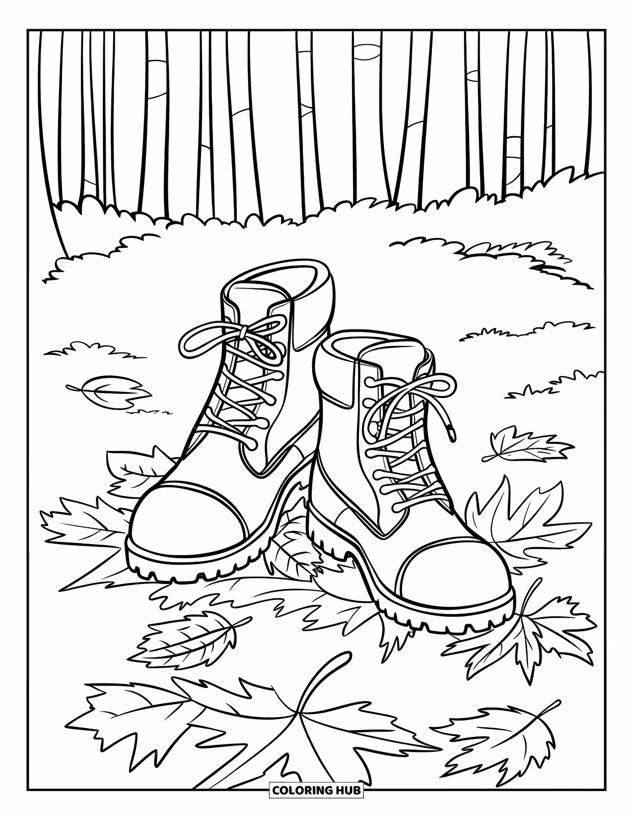 Autumn Leaves Coloring Page for Kids: Boots with leaves inside step through a thick pile in the woods