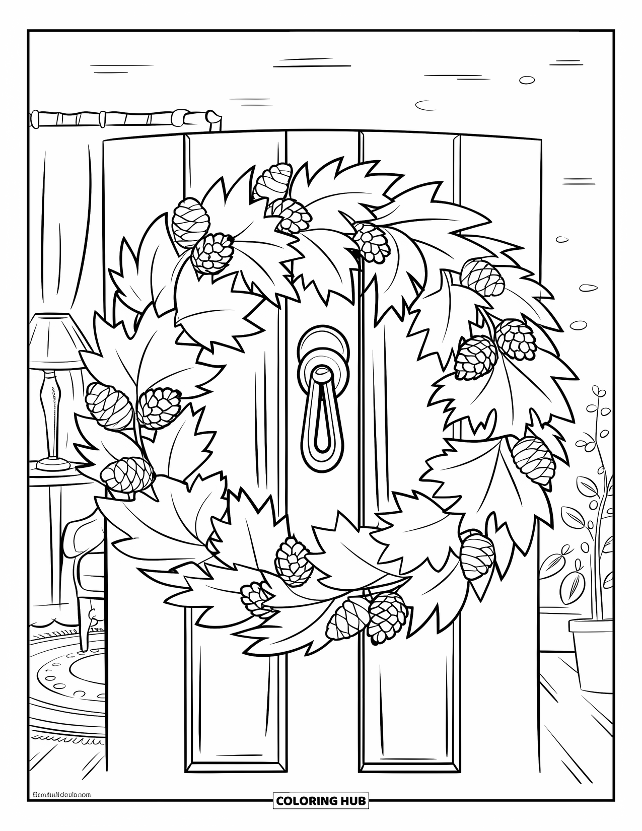 Autumn Leaves Coloring Page for Kids: Circular autumn wreath of leaves and pinecones hangs on a cozy wooden door