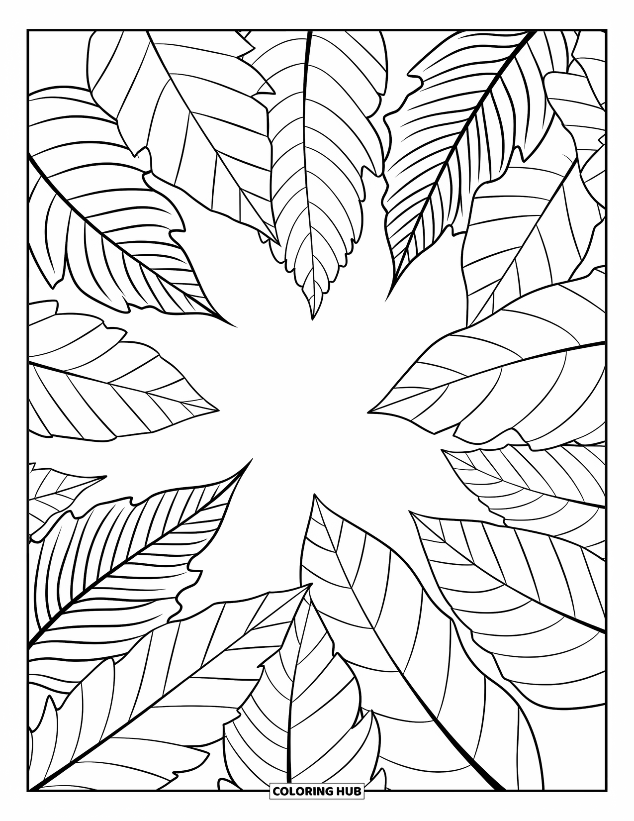 Autumn Leaves Coloring Page for Kids: Circular leaf layout shows beech, chestnut, and elm in bold, clean style