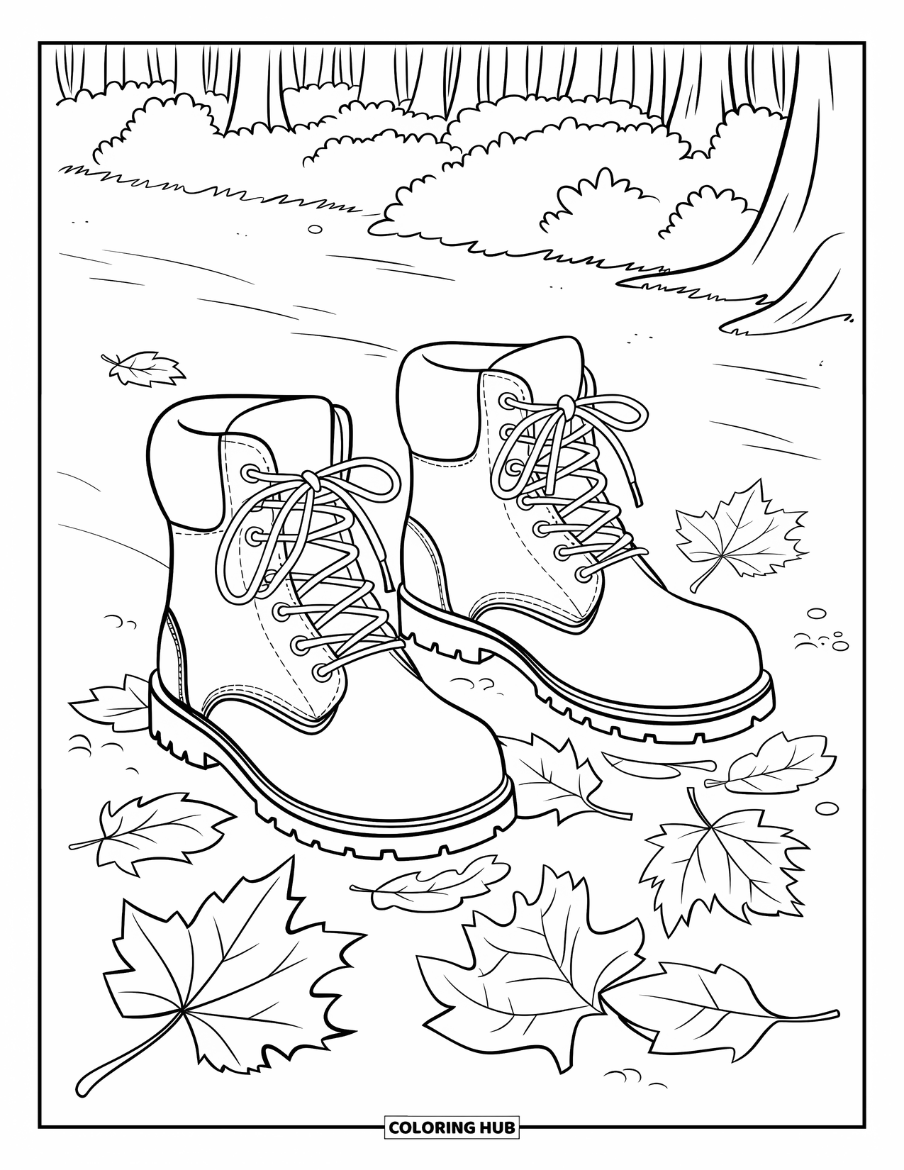 Autumn Leaves Coloring Page for Kids: Crunchy leaves and bold boots mark a forest path filled with fall texture