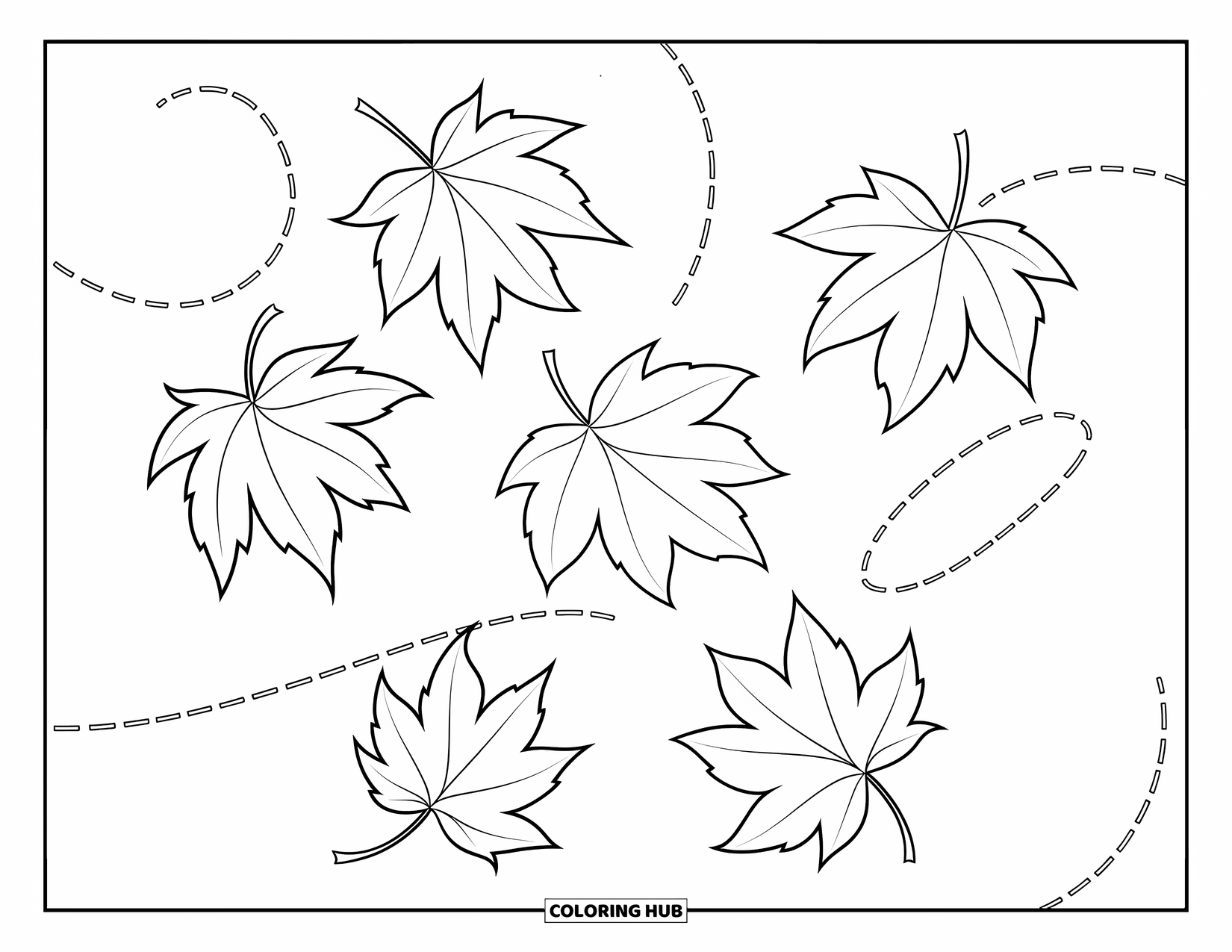 Autumn Leaves Coloring Page for Kids: Five swirling elm leaves fall gently through the air