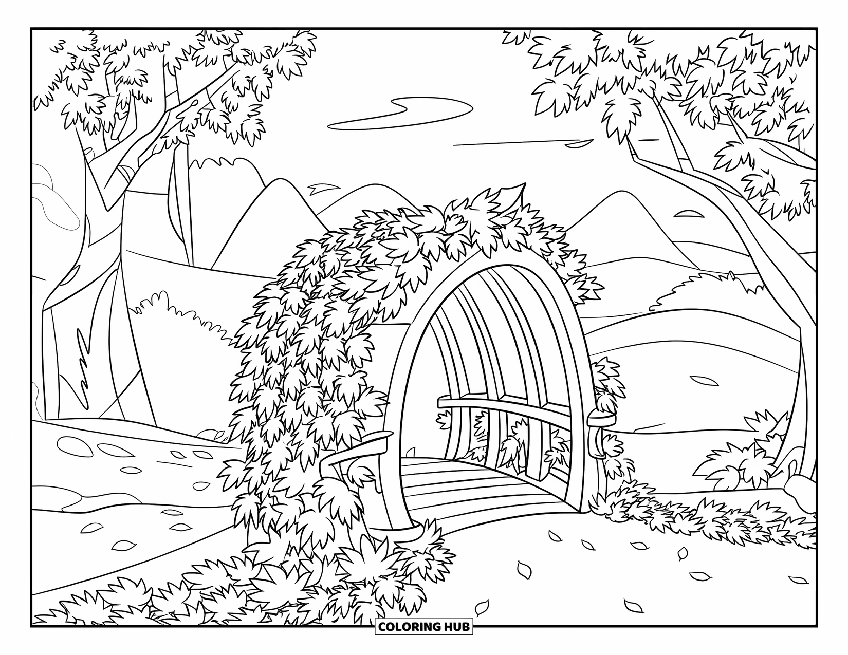 Autumn Leaves Coloring Page for Kids: Leaf-covered wooden bridge arches between maple and chestnut trees in a peaceful mountain scene