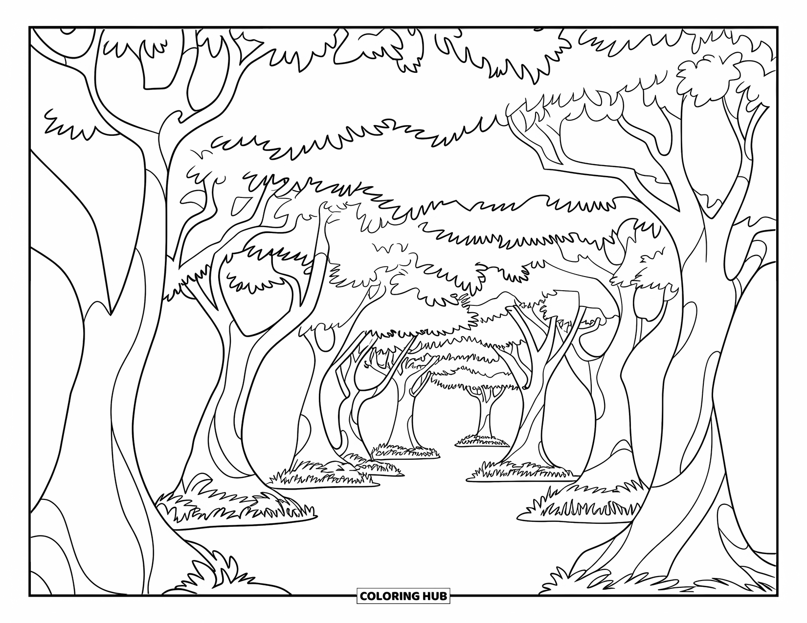 Autumn Leaves Coloring Page for Kids: Leafy tunnel path with strong tree trunks and a cozy, open background
