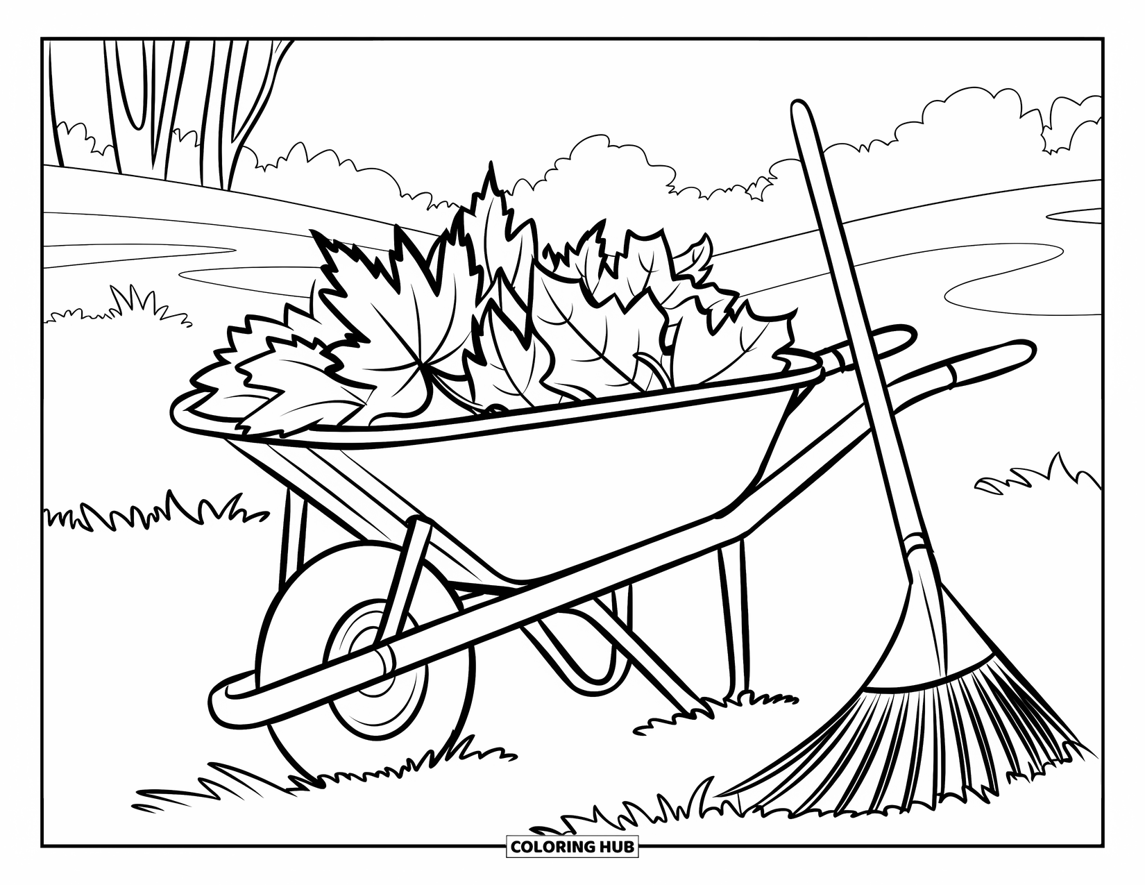 Autumn Leaves Coloring Page for Kids: Leaves fill a wheelbarrow beside trees and mountains on a grassy field
