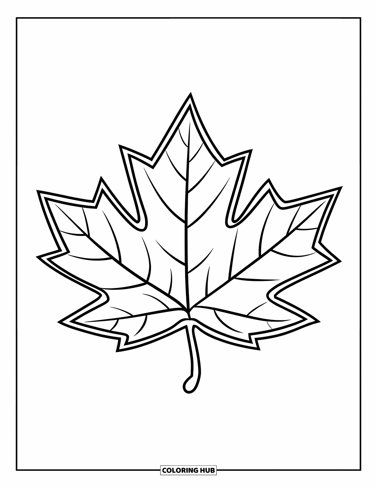 Autumn Leaves Coloring Page for Kids: Maple leaf drawn with thick edges and a cheerful, classic cartoon look