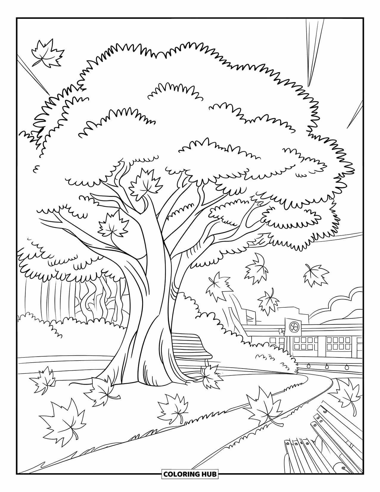 Autumn Leaves Coloring Page for Kids: Maple leaves swirl around a big tree in a peaceful park scene