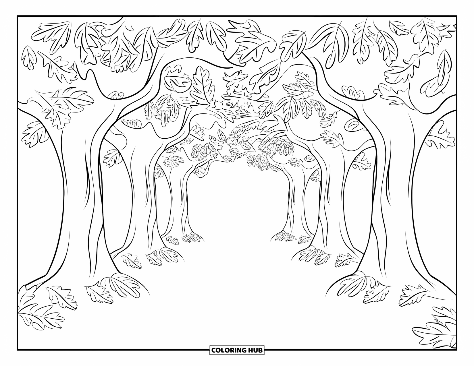 Autumn Leaves Coloring Page for Kids: Oak and beech leaves line a forest tunnel path with tall trees all around
