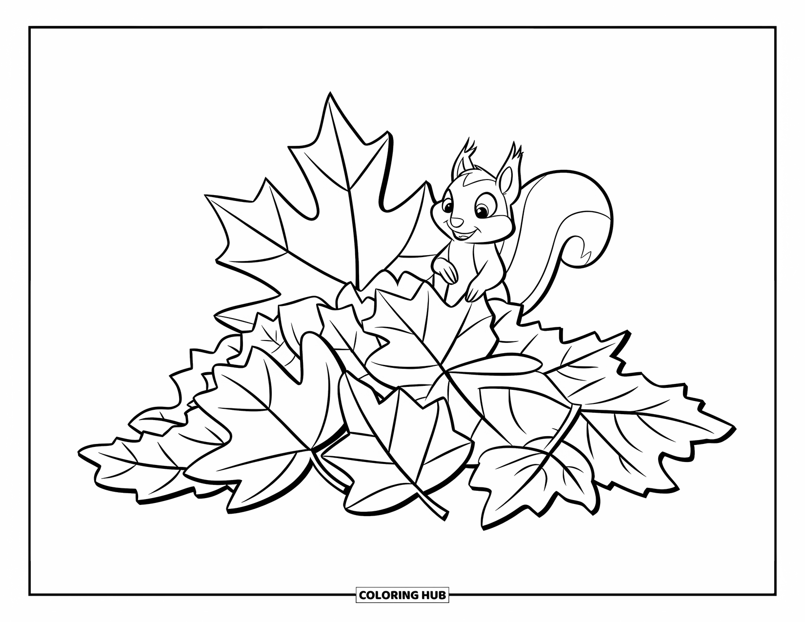 Autumn Leaves Coloring Page for Kids: Oversized maple and oak leaves form a smiling pile with a squirrel peeking out