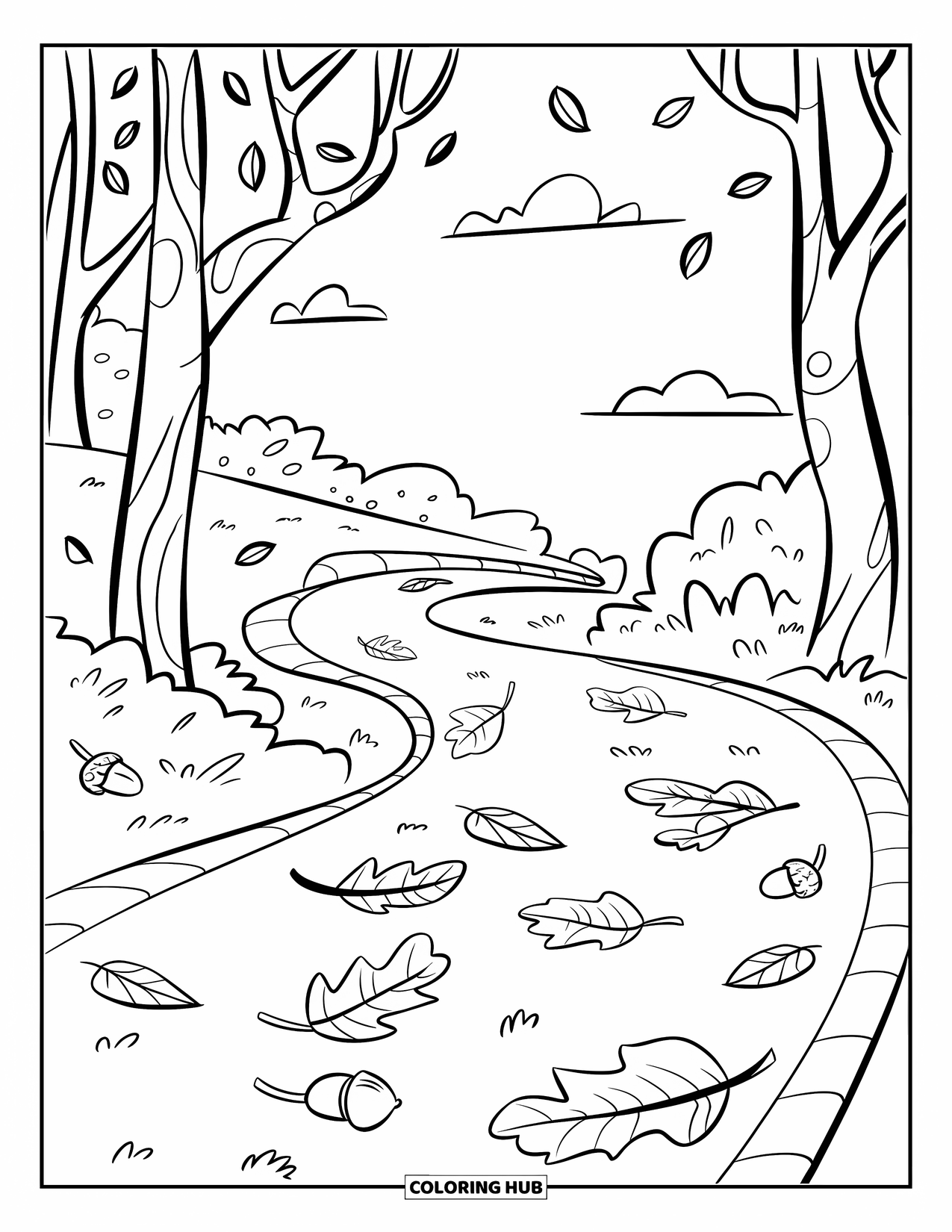 Autumn Leaves Coloring Page for Kids: Path with leaves and acorns winds through trees under a quiet sky