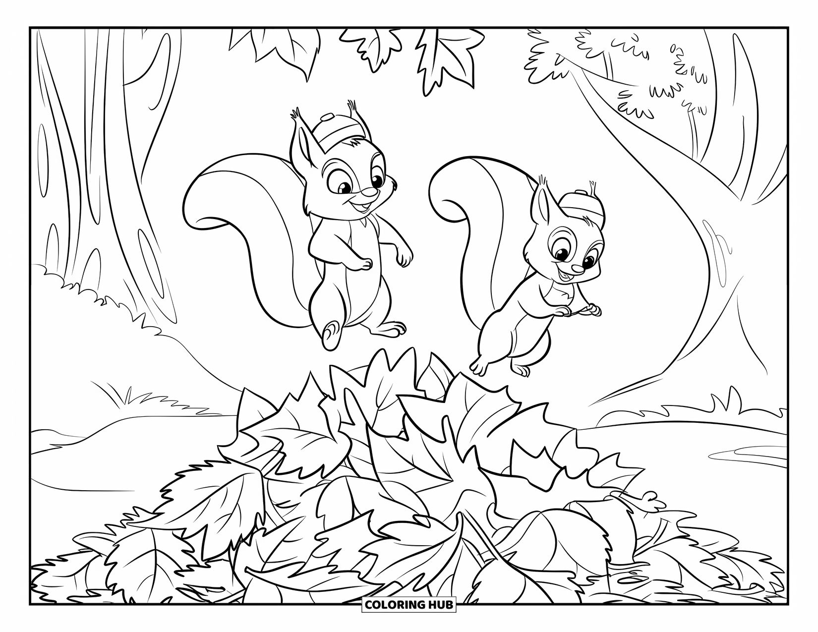Autumn Leaves Coloring Page for Kids: Playful squirrels in hats jump into a giant pile of autumn leaves