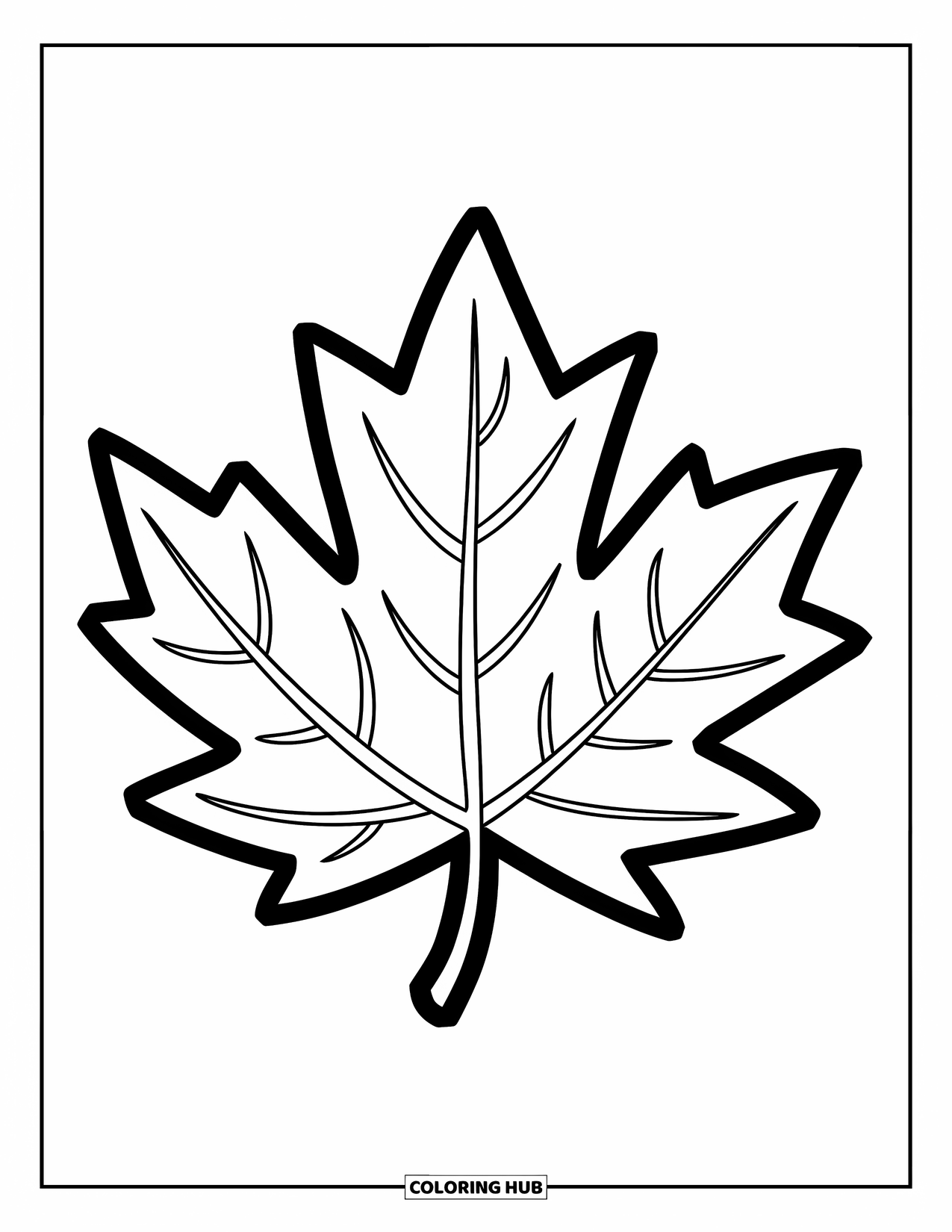 Autumn Leaves Coloring Page for Kids: Single large maple leaf with playful curves and soft, bold edges