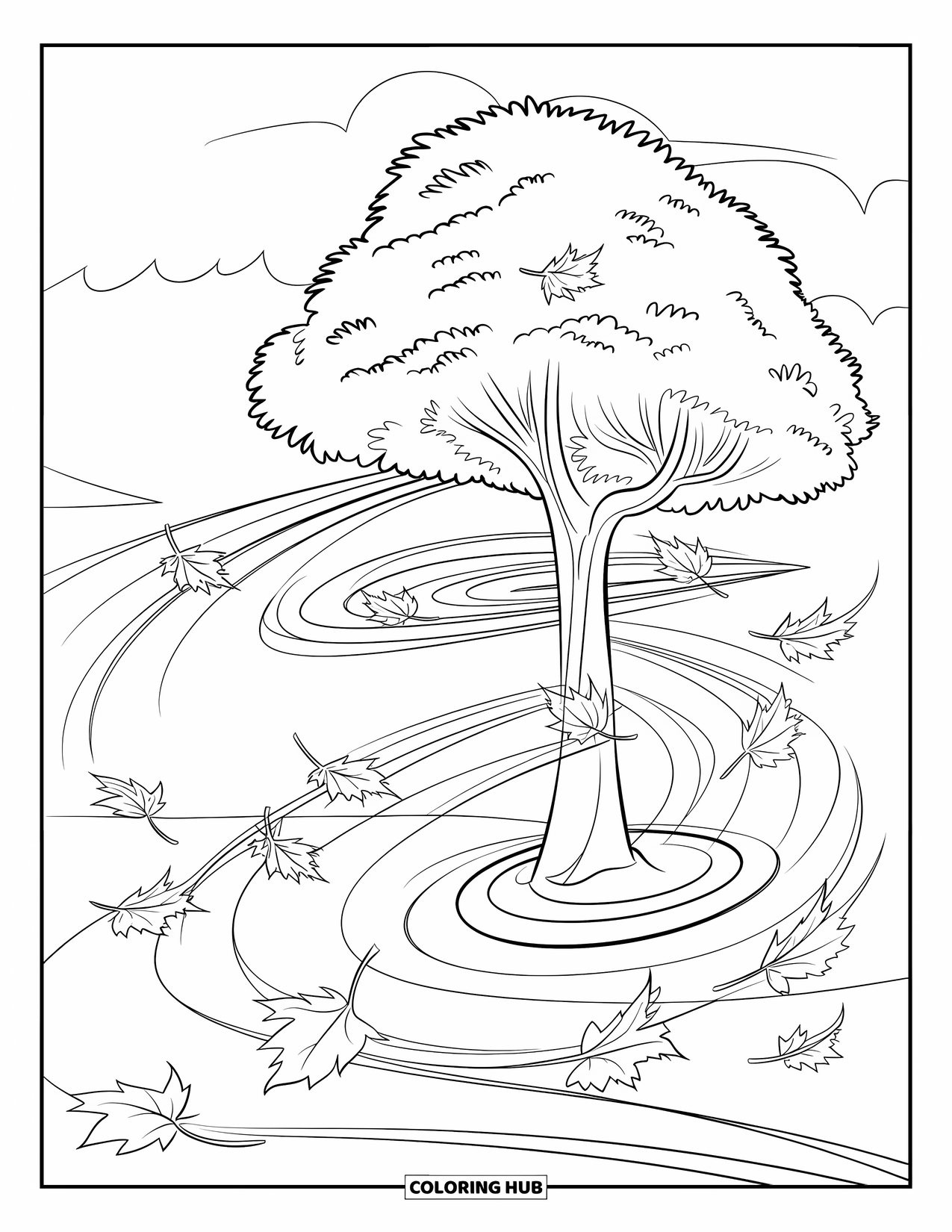 Autumn Leaves Coloring Page for Kids: Spiraling maple leaves dance beneath a tree with a round leafy base