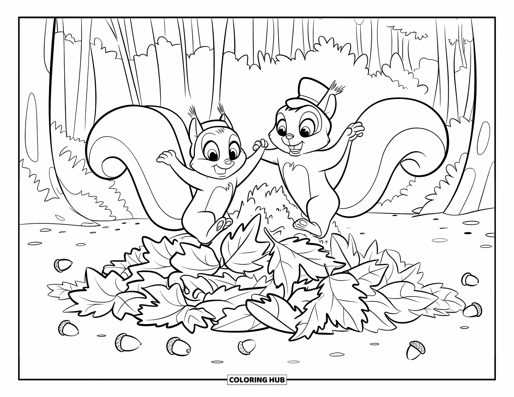 Autumn Leaves Coloring Page for Kids: Squirrels with big eyes and hats dive into crunchy leaves and scattered acorns