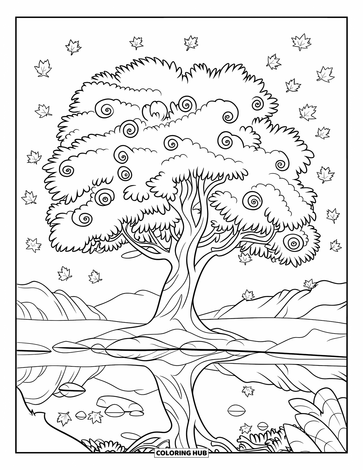Autumn Leaves Coloring Page for Kids: Tree by a lake drops swirling maple leaves in a relaxing mountain scene