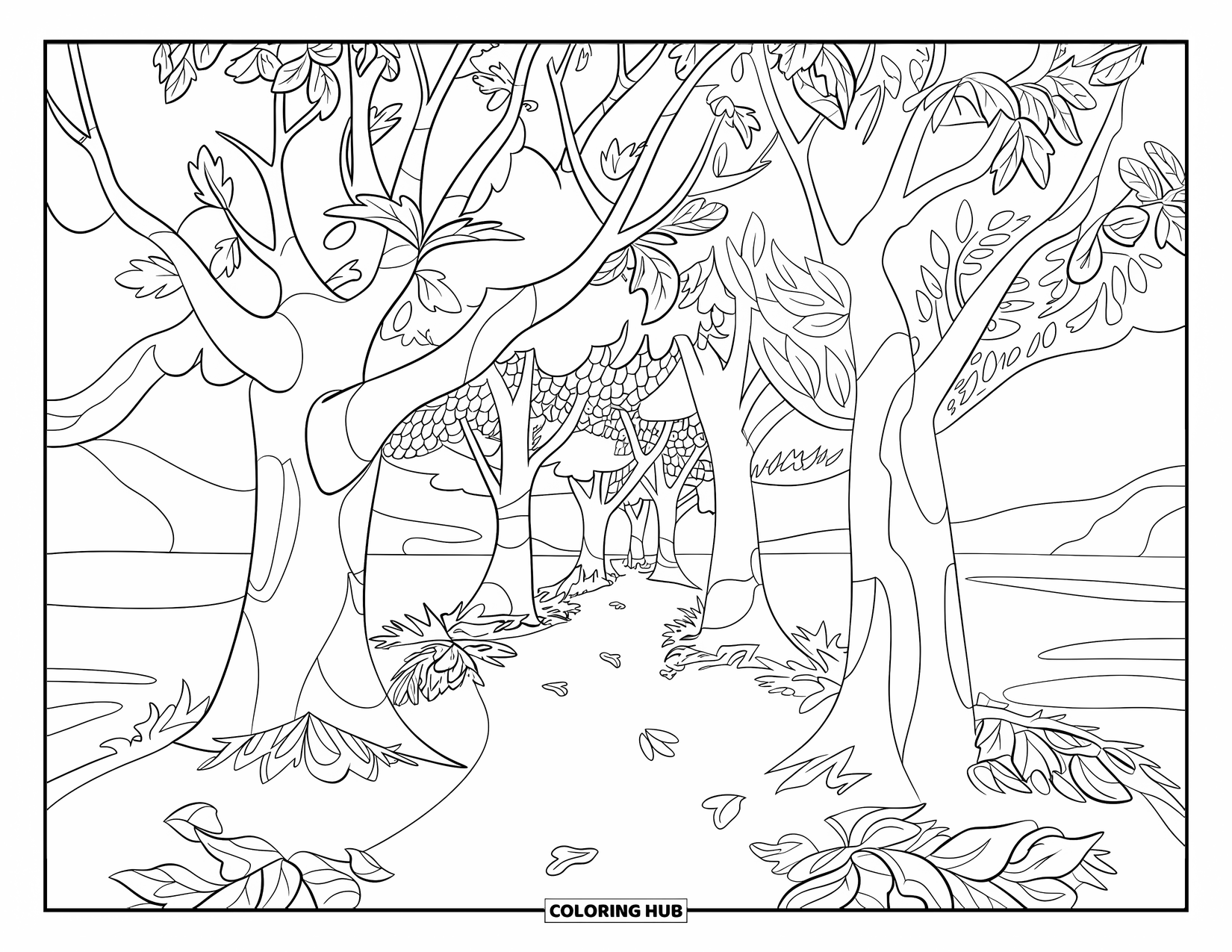Autumn Leaves Coloring Page for Kids: Tree tunnel path filled with oak and beech leaves leads toward peaceful waters