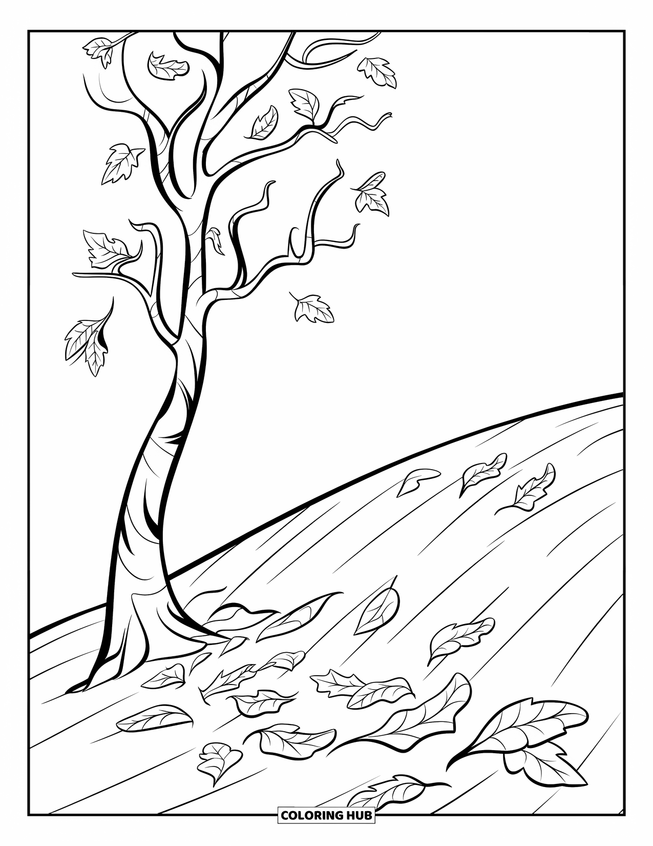 Autumn Leaves Coloring Page for Kids: Twisted birch tree drops leaves across a gently sloping hill