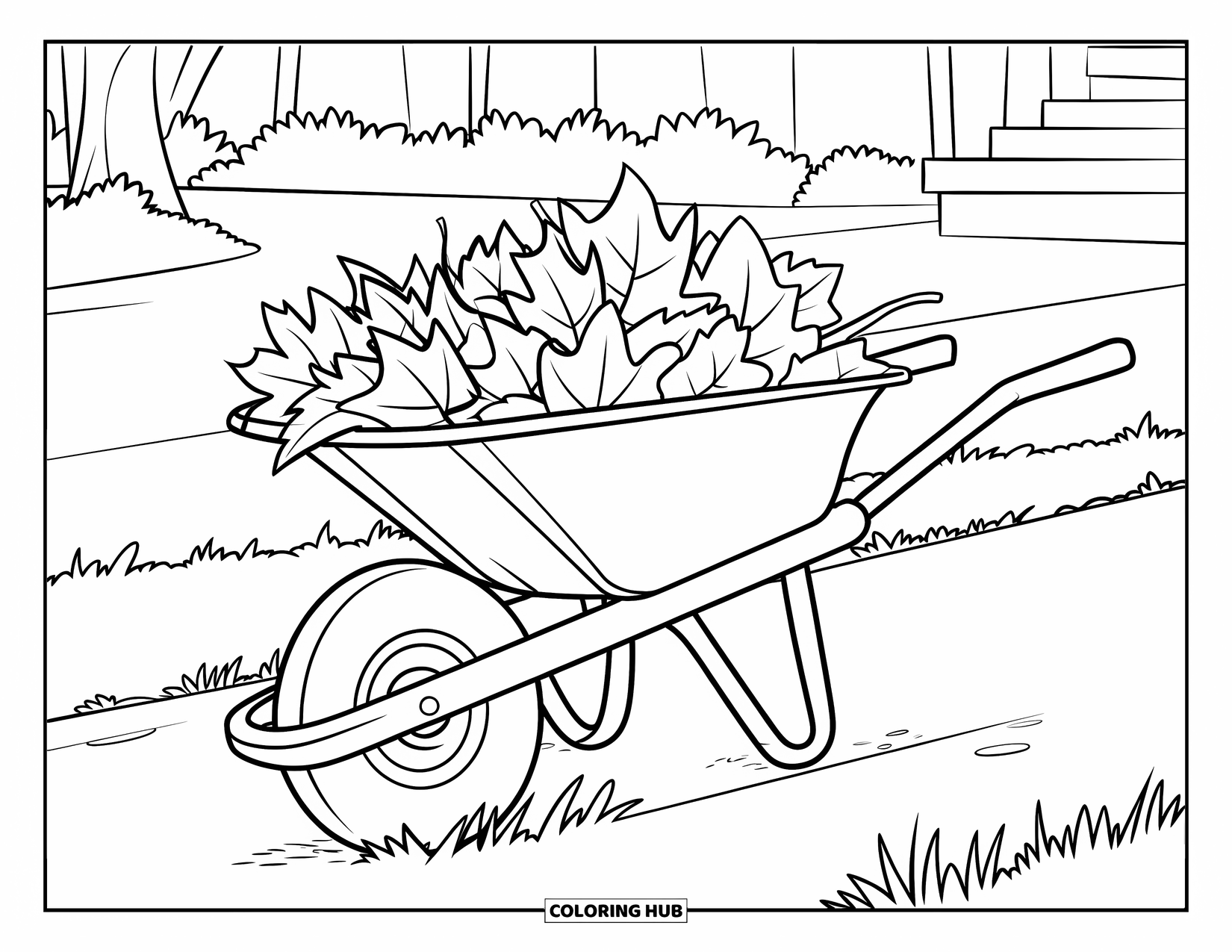 Autumn Leaves Coloring Page for Kids: Wheelbarrow full of mixed leaves rests beside a building and gentle landscape
