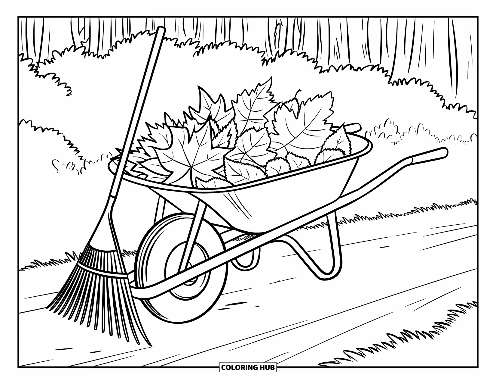 Autumn Leaves Coloring Page for Kids: Wheelbarrow piled with autumn leaves sits beside a forest path and rake