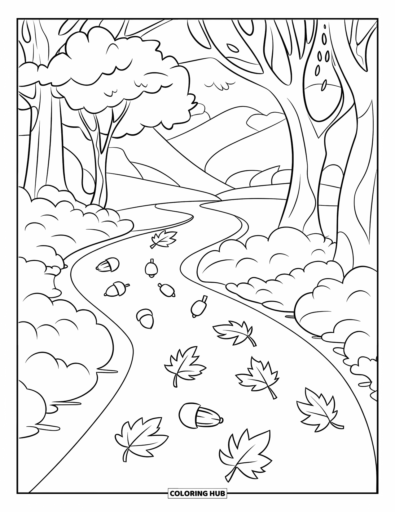 Autumn Leaves Coloring Page for Kids: Winding forest path scattered with beech leaves and distant mountains
