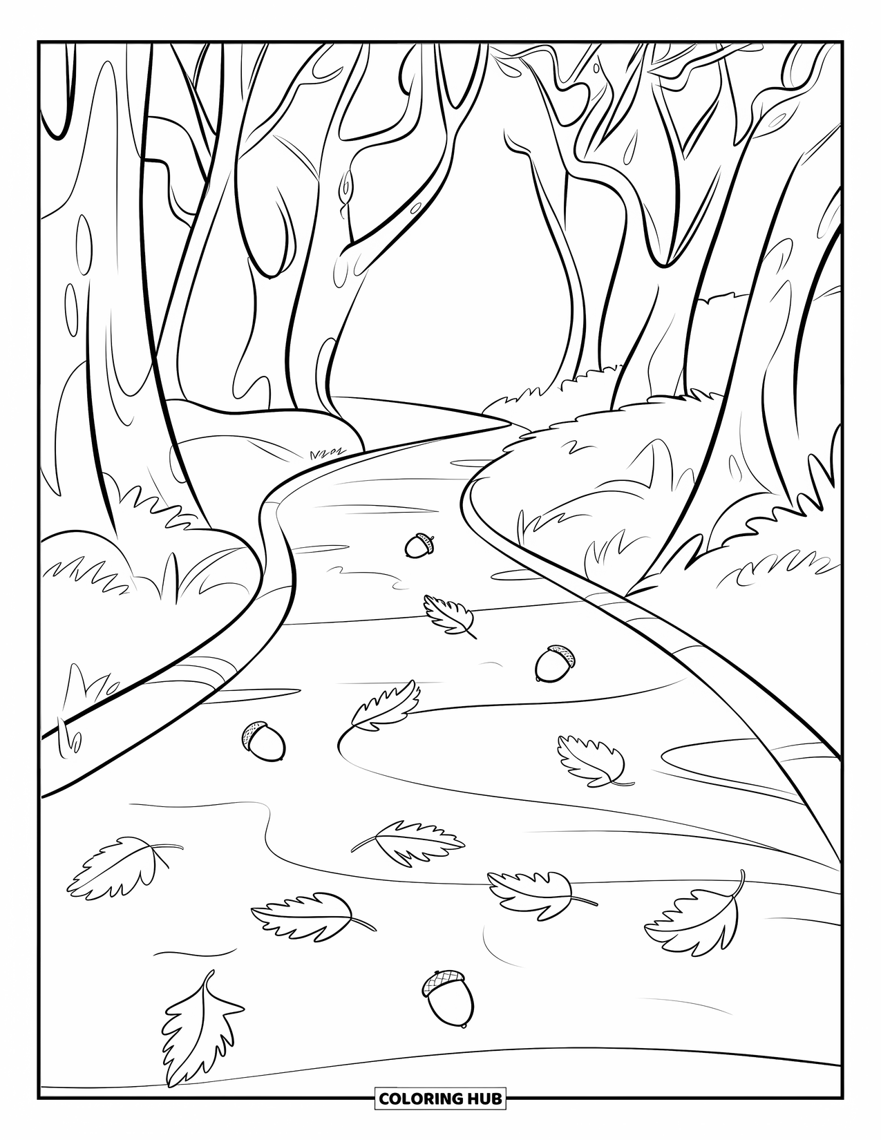 Autumn Leaves Coloring Page for Kids: Winding path covered in beech leaves and acorns curls through tall trees