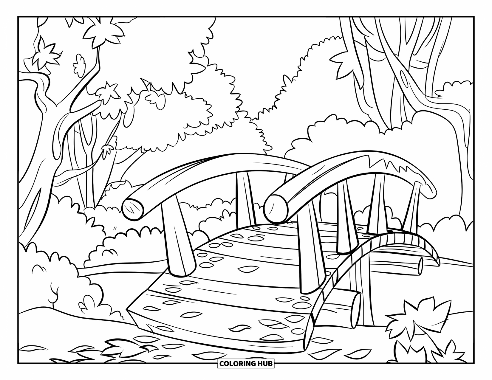 Autumn Leaves Coloring Page for Kids: Wooden bridge and crunchy leaves sit quietly beneath maple and chestnut trees