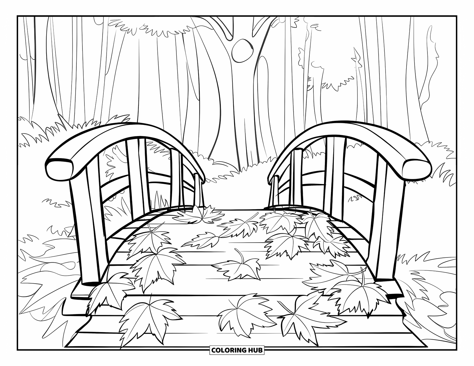 Autumn Leaves Coloring Page for Kids: Wooden bridge surrounded by tall trees and scattered leaves creates a cozy forest view