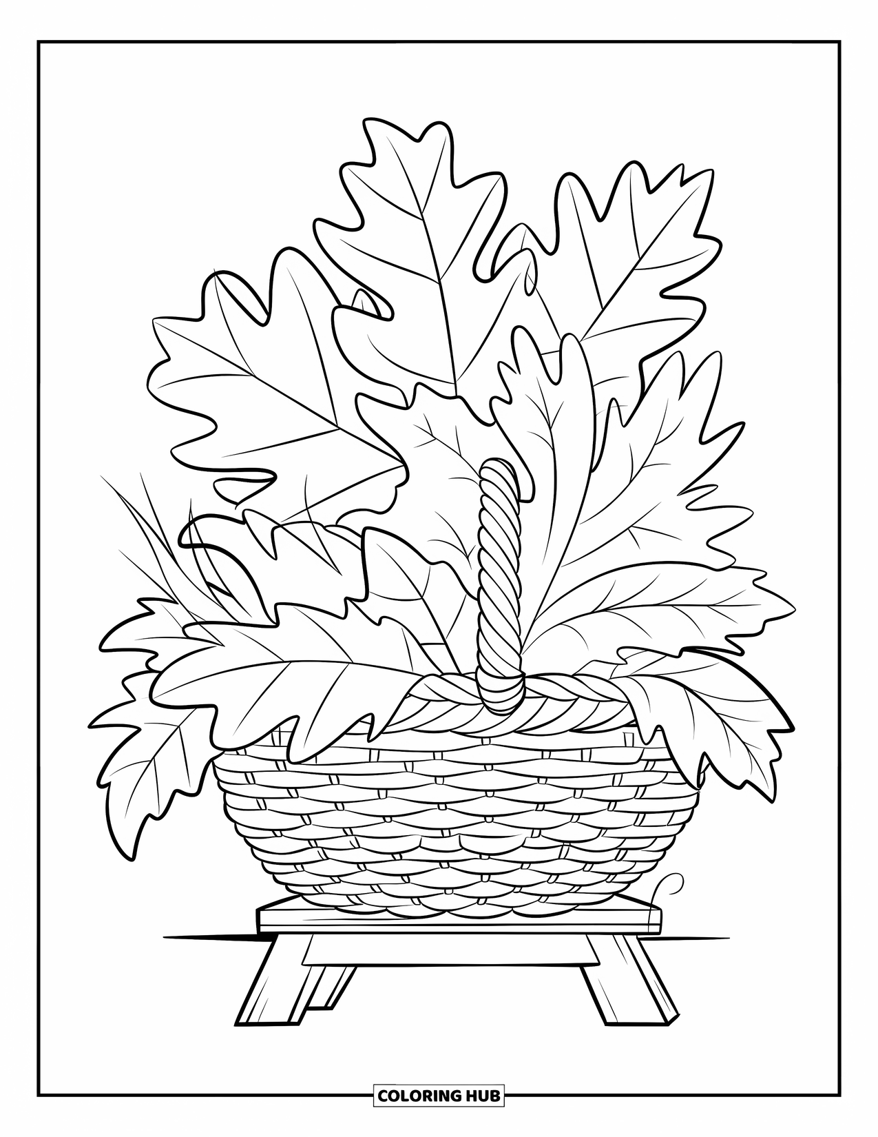 Autumn Leaves Coloring Page for Kids: Woven basket spills over with oak, birch, and chestnut leaves on a stand