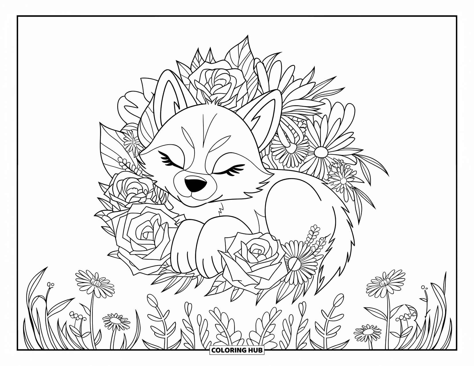 Baby Wolf Coloring Page for Adults: Baby wolf cuddles among roses, daisies, and lilies