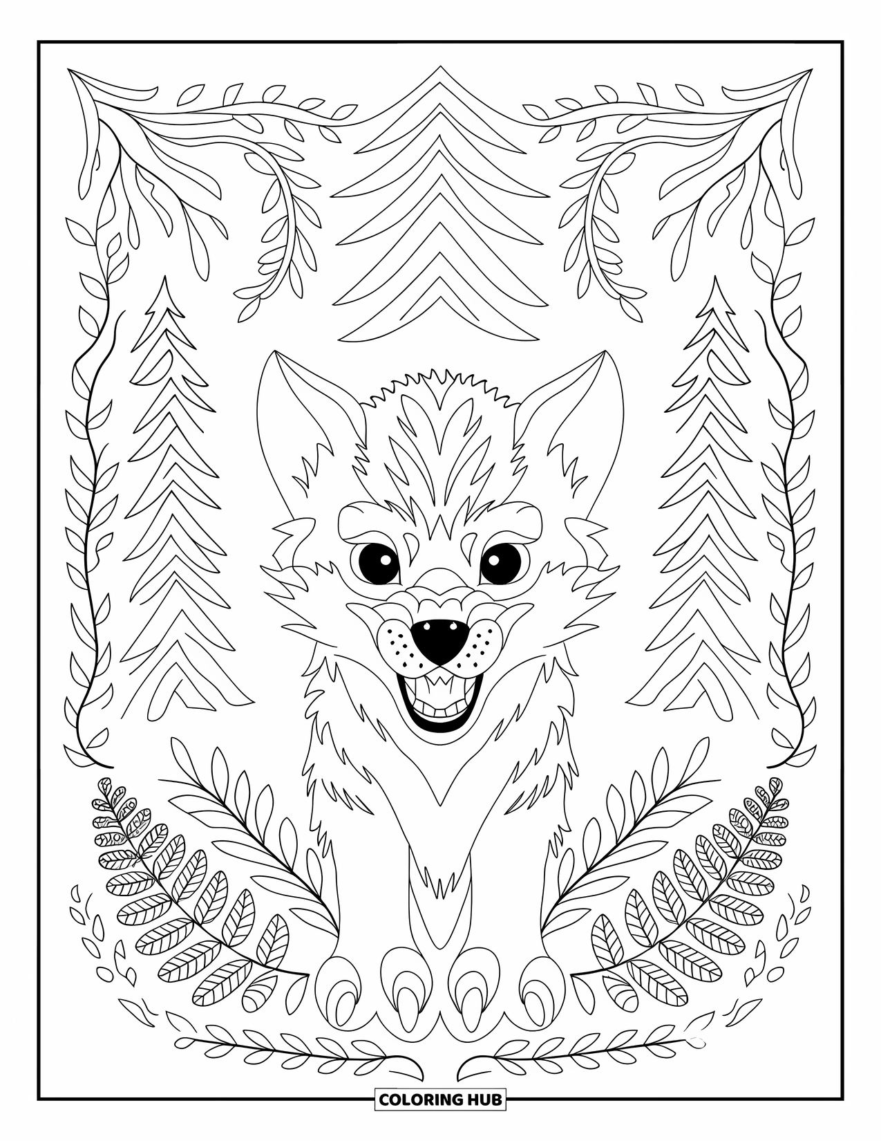 Baby Wolf Coloring Page for Adults: Baby wolf framed by patterned vines and sharp teeth showing