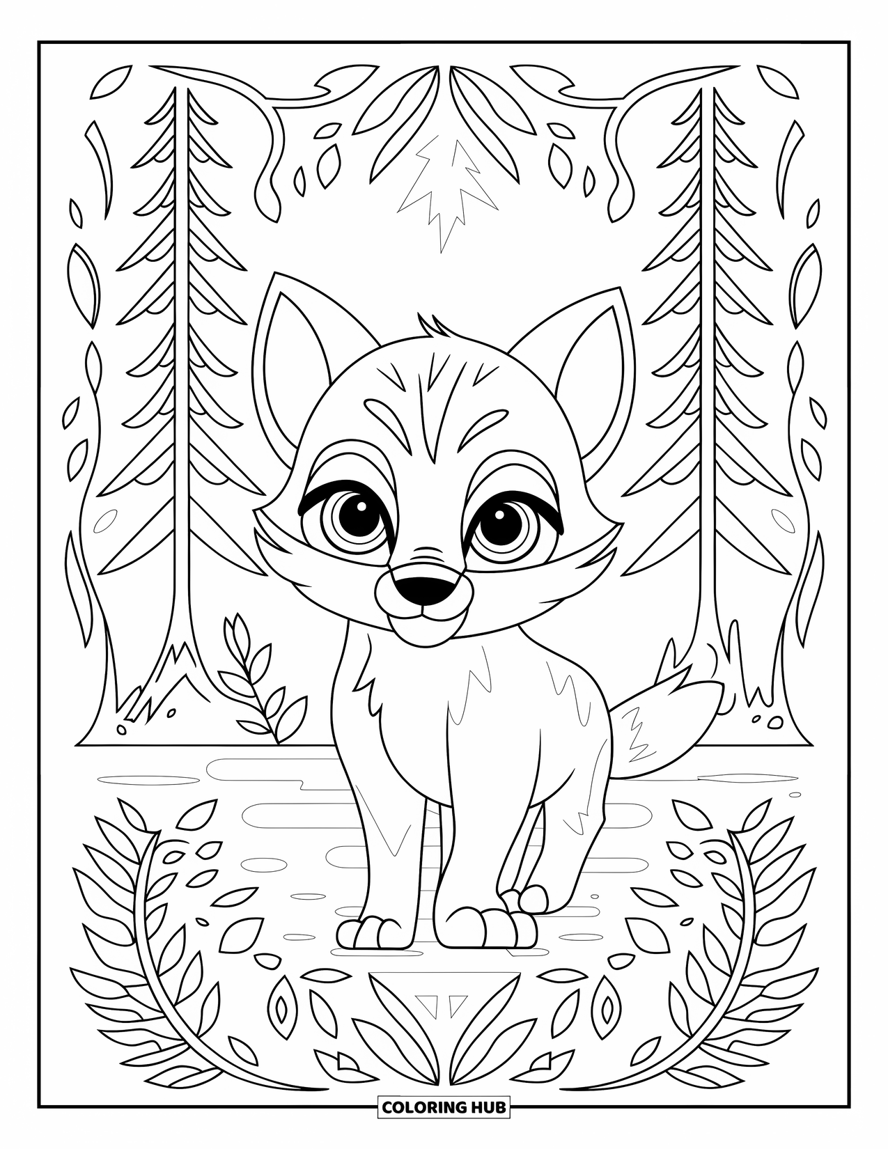 Baby Wolf Coloring Page for Adults: Baby wolf framed by pine trees, vines, and fern leaves