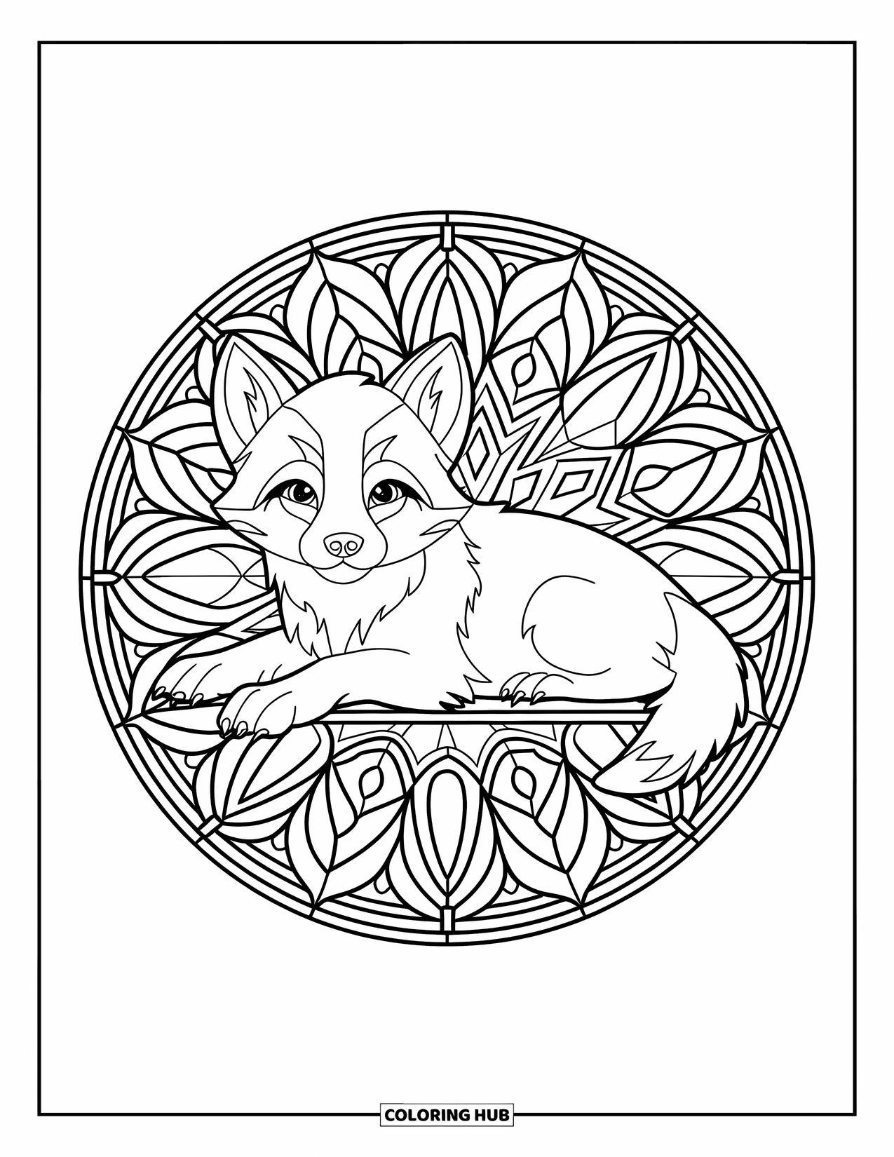 Baby Wolf Coloring Page for Adults: Baby wolf lies peacefully in a stained glass forest design