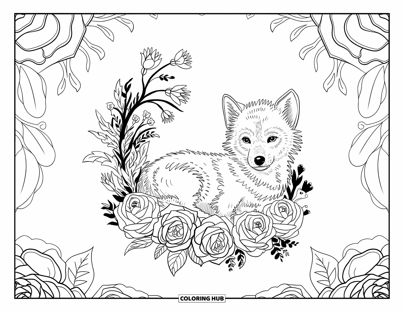 Baby Wolf Coloring Page for Adults: Baby wolf rests among roses and wildflowers in a floral frame