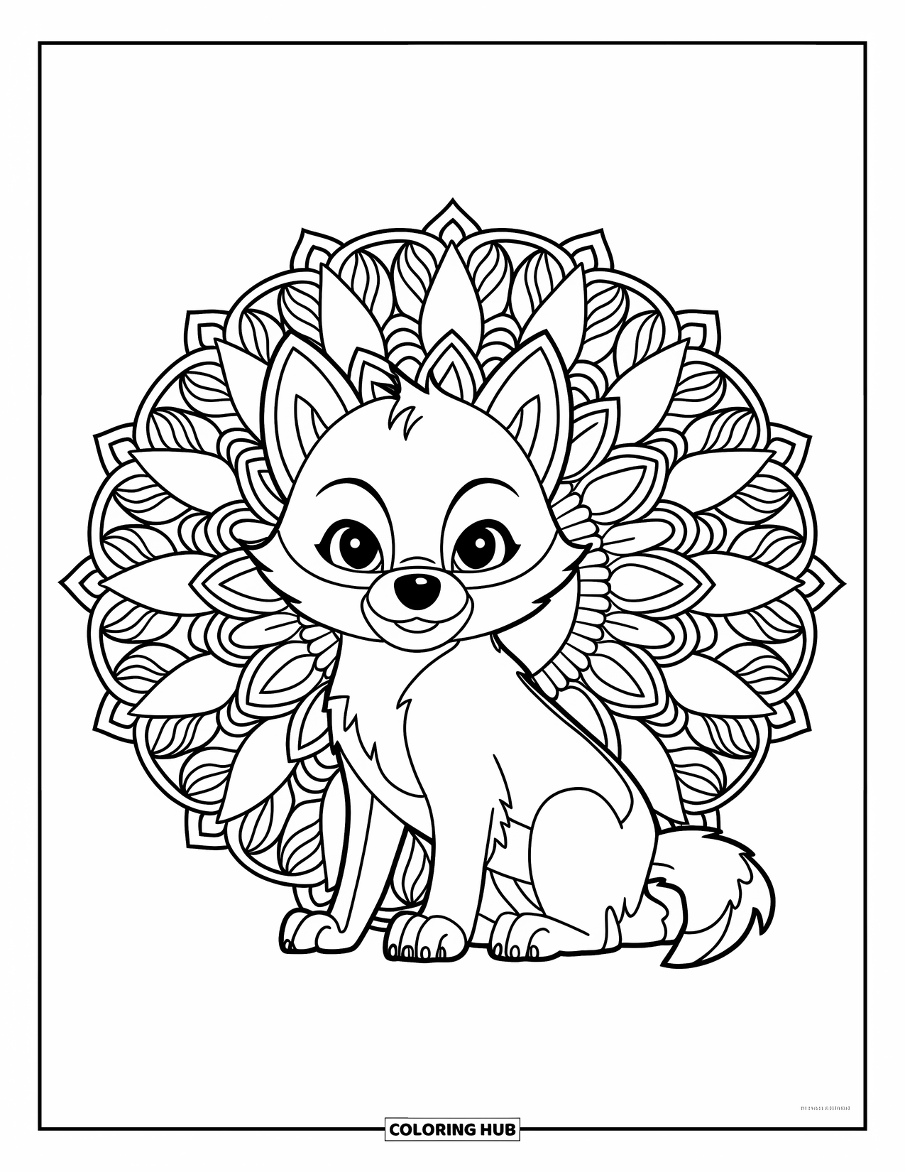 Baby Wolf Coloring Page for Adults: Baby wolf sits calmly in a full floral mandala