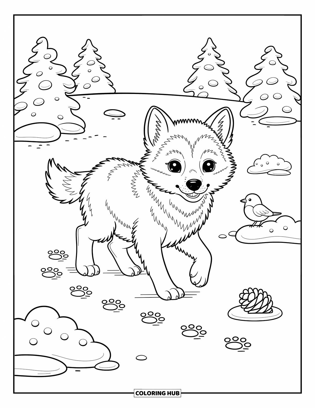 Baby Wolf Coloring Page for Adults: Playful baby wolf trots through fresh snow leaving little paw prints
