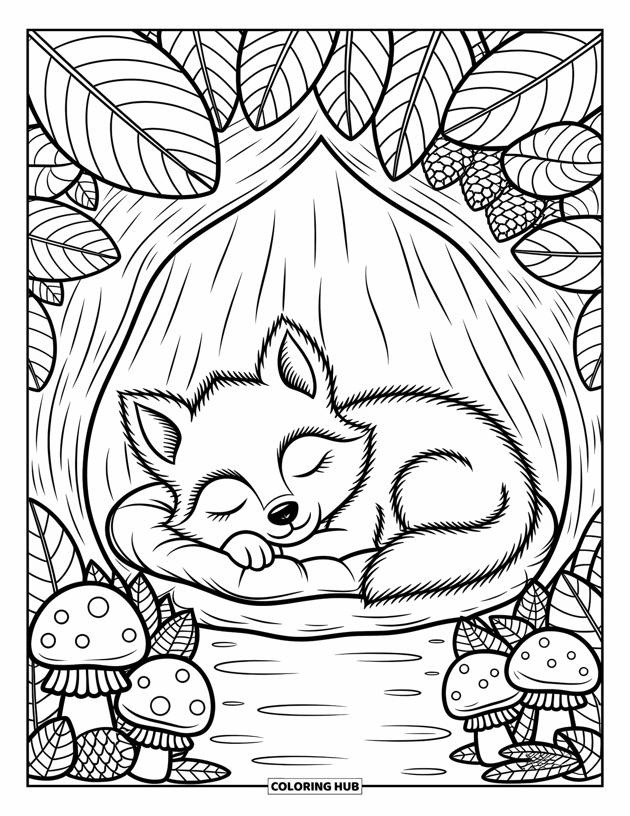 Baby Wolf Coloring Page for Adults: Sleeping baby wolf curls up inside a warm woodland den