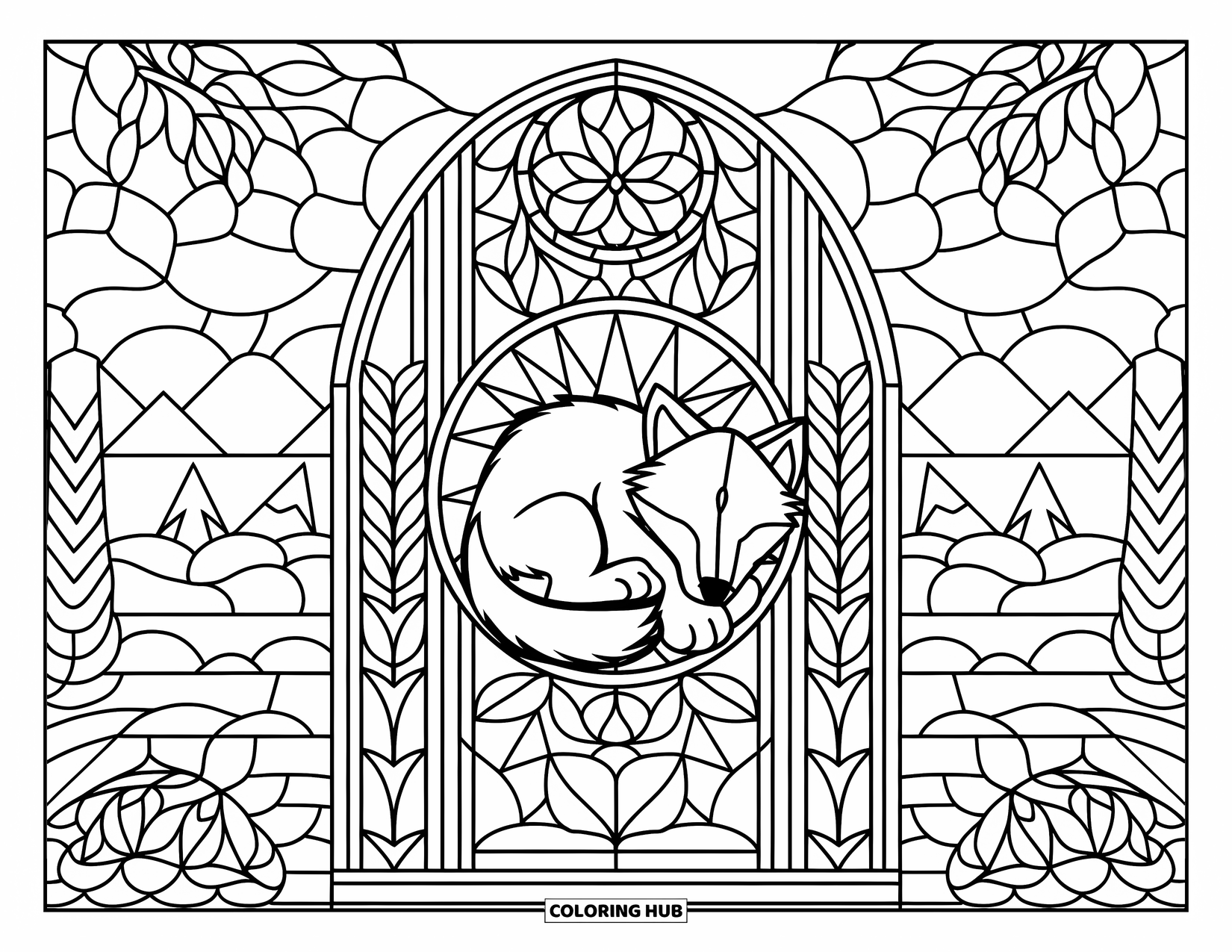 Baby Wolf Coloring Page for Adults: Sleeping baby wolf rests inside a stained glass window design
