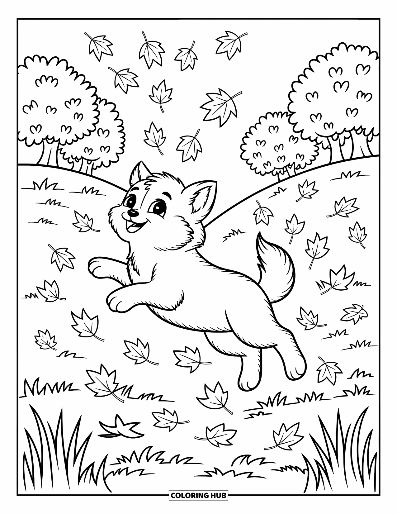 Baby Wolf Coloring Page for Adults: Wolf pup bounds joyfully through a shower of falling leaves