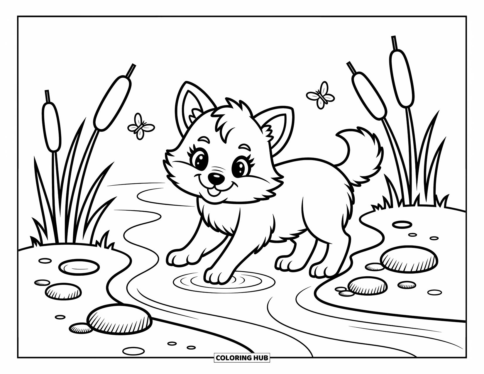 Baby Wolf Coloring Page for Adults: Wolf pup enjoys dipping its paw in a stream with butterflies fluttering