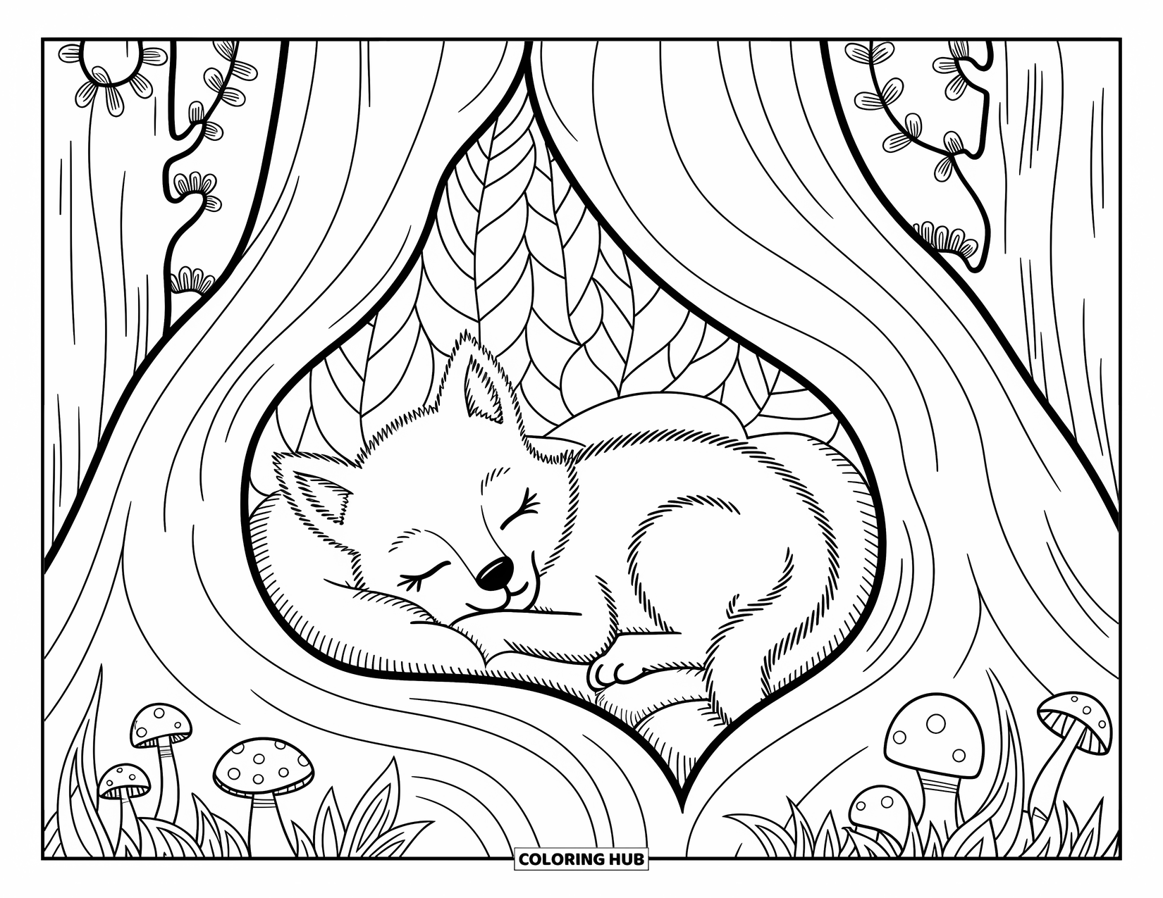Baby Wolf Coloring Page for Adults: Wolf pup snuggles inside a cozy hollow tree surrounded by tiny mushrooms