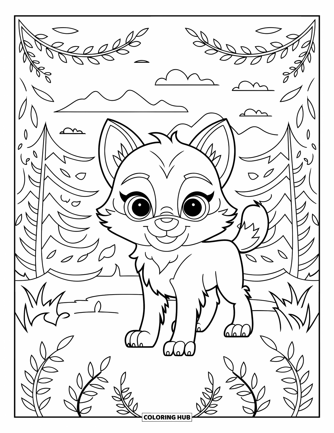 Baby Wolf Coloring Page for Adults: Wolf pup stands in a forest surrounded by ferns and pines