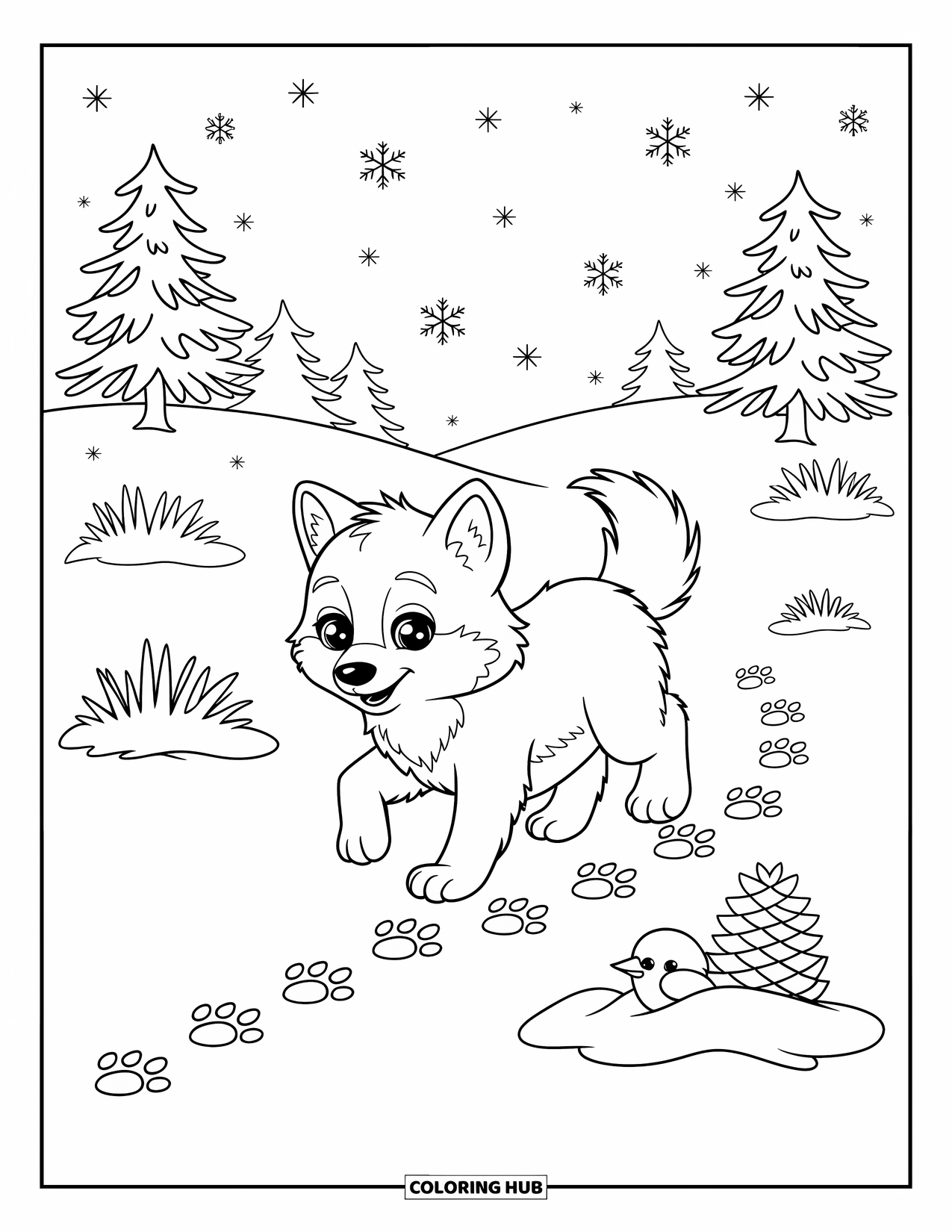 Baby Wolf Coloring Page for Adults: Wolf pup walks through snowy ground as flakes fall around it