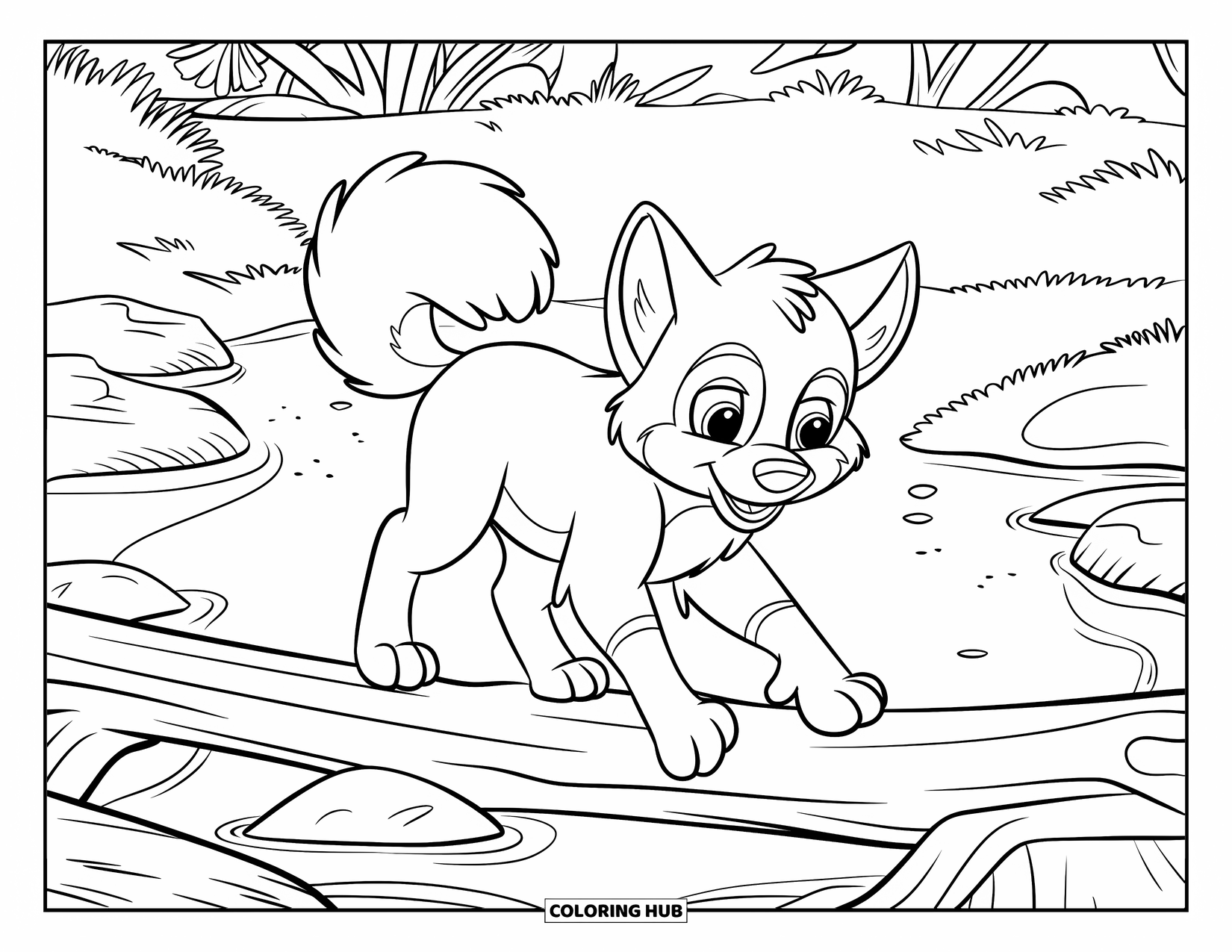 Baby Wolf Coloring Page for Kids: A baby wolf walks across a log over a stream