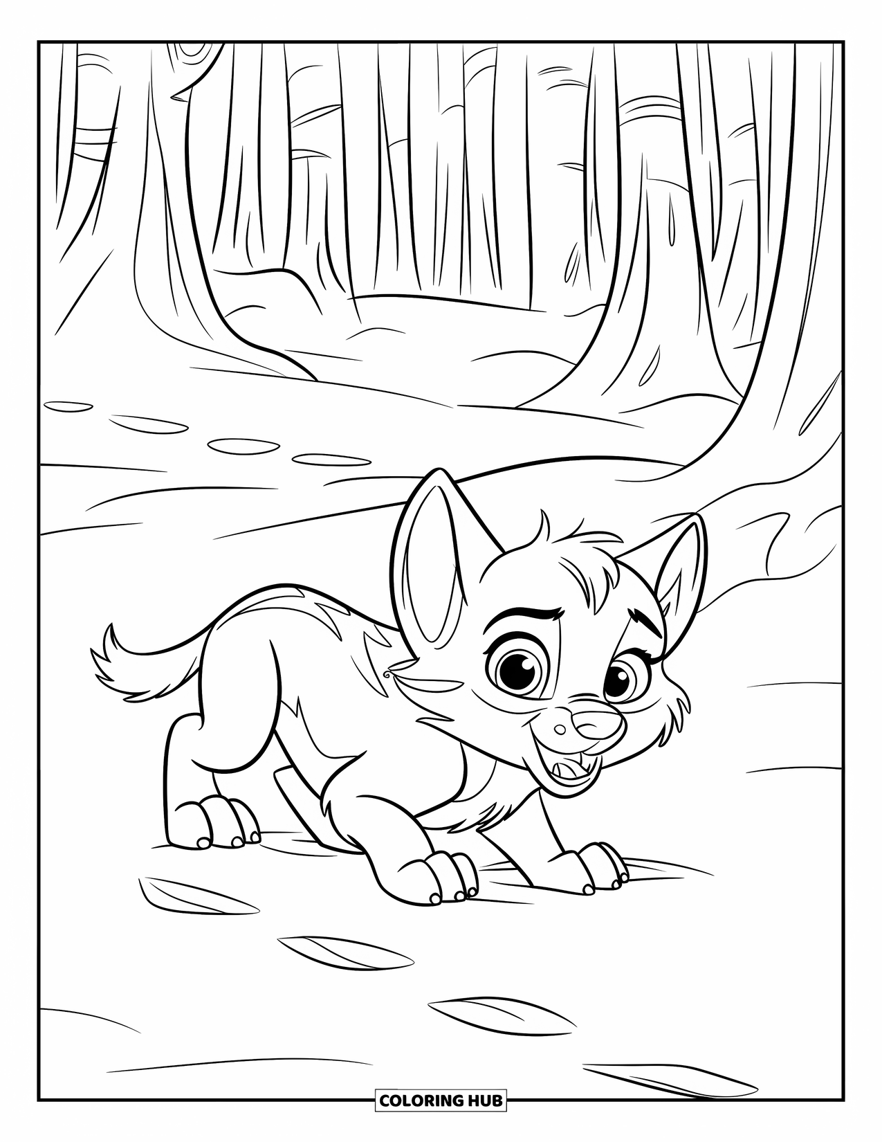 Baby Wolf Coloring Page for Kids: Baby wolf crouches in a snowy forest with wide eyes