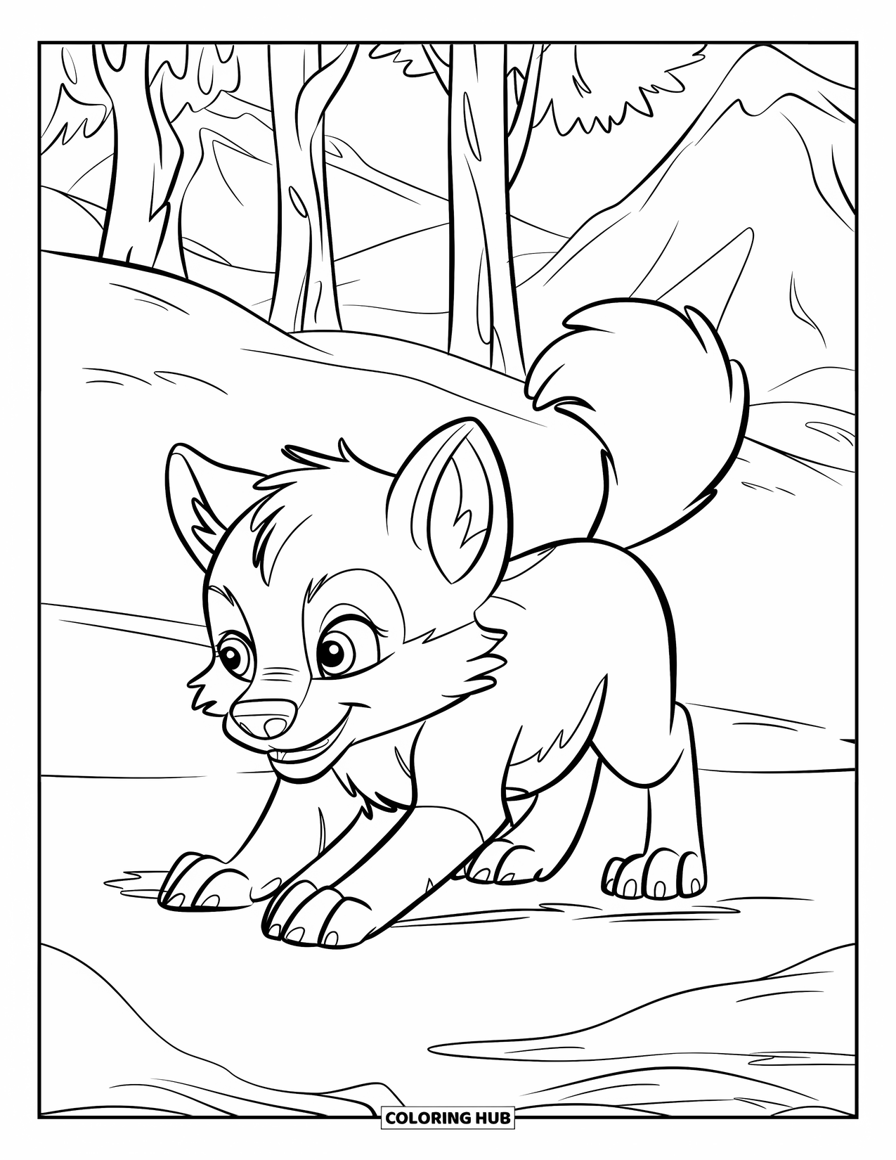 Baby Wolf Coloring Page for Kids: Baby wolf crouches, ready to pounce in snowy woods