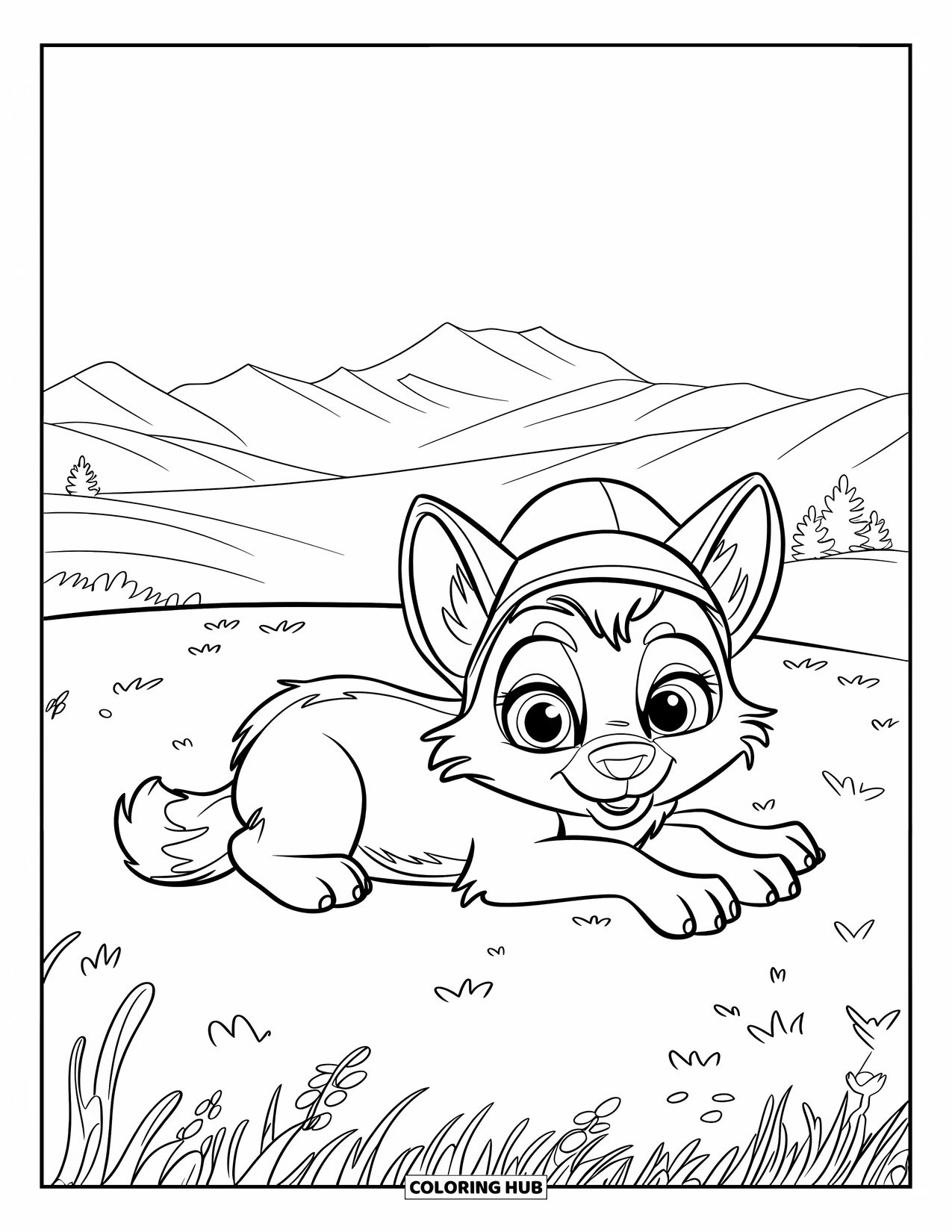 Baby Wolf Coloring Page for Kids: Baby wolf in a hat rests on a grassy hill