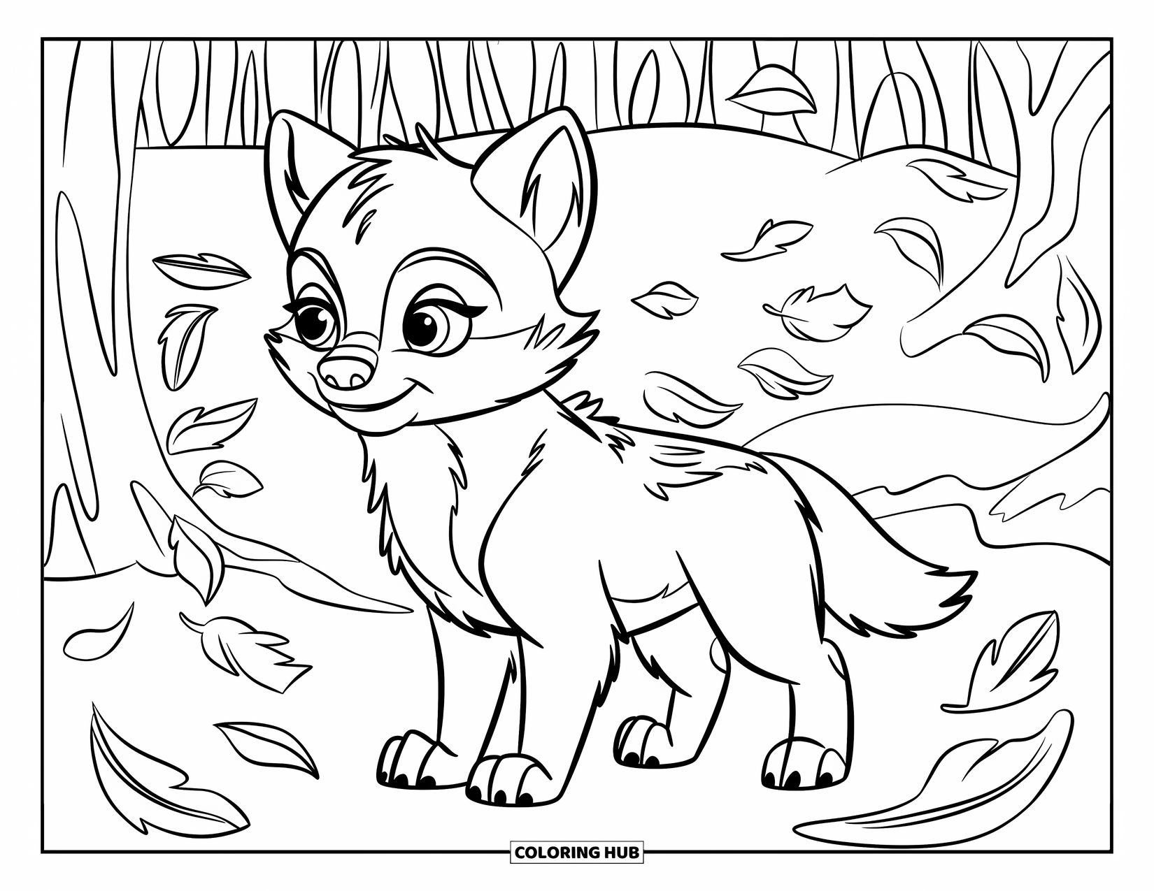 Baby Wolf Coloring Page for Kids: Baby wolf stands still as autumn leaves swirl around